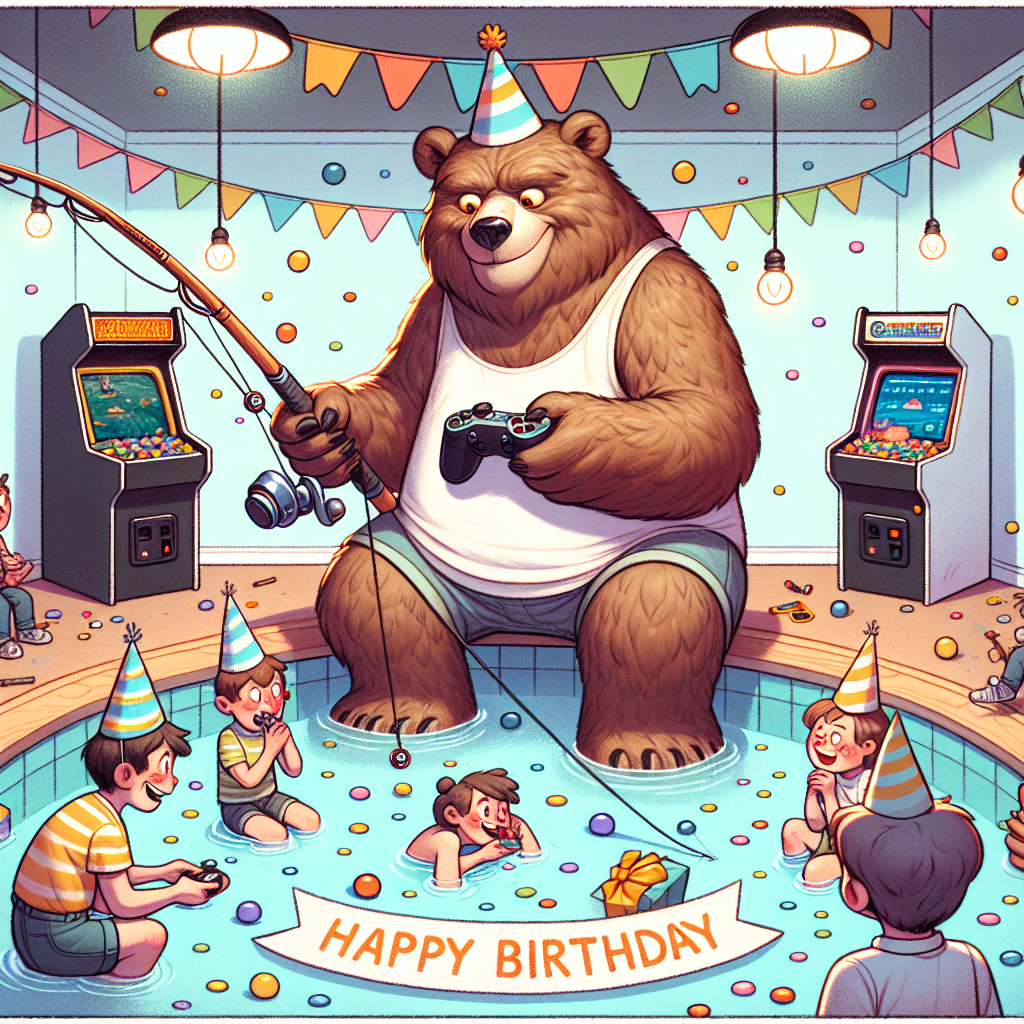 The illustration shows a whimsical birthday celebration. An anthropomorphic bear, not associated with any particular brand, holds a fishing rod in one paw and a game controller in the other, reflecting the birthday individual's hobbies. The bear commands attention at the center of the party. Guests having a jovial time are shown in a lighthearted drawing style. They are donning striped party hats and are seen fishing for gifts from a pool full of multicoloured confetti. The fun escalates with mini arcade machines placed around the space, where attendees are engrossed in friendly competition.
Generated with these themes: Radiohead, Fishing, and Gaming.
Made with ❤️ by AI.