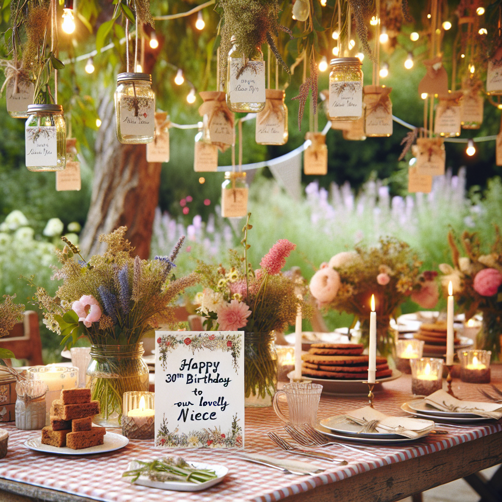 Visualize an intimate garden scene during a birthday celebration. Nature's beauty is on full display enhancing the festive mood. Gingham-clad rustic wooden tables are dotted with mason jars filled with wildflowers and candles gently glowing within their glass housings. Hanging above are strands of twinkling lights elegantly entangled amongst the tree branches. Well-curated place settings, each featuring a custom-designed card exclaiming 'Happy 30th Birthday to our lovely niece' welcome each guest. Accompanying the cards are arrays of home-baked goodies. Each setting is also adorned with a small hand-painted vase, presenting a single blooming flower as a personal token of appreciation for each guest.
Generated with these themes: Happy 30th Birthday to our lovely niece.
Made with ❤️ by AI.