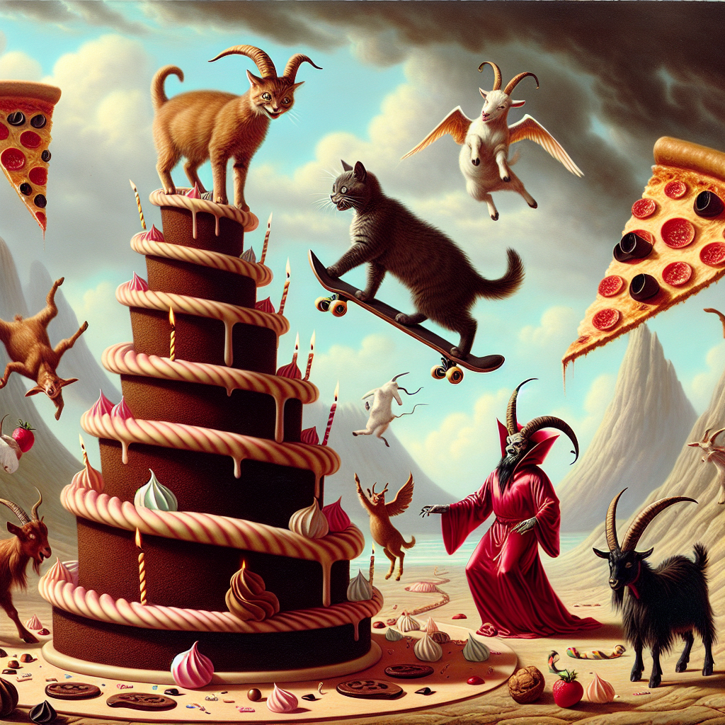 Imagine a fantastical birthday celebration taking place within a dream-like landscape. Cats with an uncanny ability to skateboard are showing off their skills on spiraling crusts of enormous pizzas that float in mid-air, their movements defying gravity. Mischievous goats, their horns coated in chocolate, frolic around a colossal tower of devil's food cake. This towering sweet delight is overseen by a grinning figure dressed in silky red robes, embodying a sense of playful darkness. This birthday scene strangely but beautifully combines elements of joy and mischief with subtle touches of the diabolically absurd.
Generated with these themes: Skateboarding, Pizza, Cats, Goats, Chocolate , Devil, Satan, and Goats.
Made with ❤️ by AI.