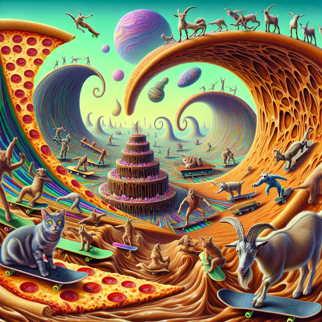 In an extraordinary twilight zone, imagine every surface as a skateboarder's paradise. Picture multidimensional half-pipes made of steaming pizza slices that bend reality into peculiar angles. Visualize cats with insightful eyes, effortlessly maneuvering through this landscape, while playful goats with mischievous smiles frolic among pools of liquid chocolate. At the heart of this fantastical gathering, a centerpiece stands out: a chocolate cake intricately formed in the likeness of a trident, adding a curious twist to the ongoing birthday celebrations. This abstract, alien scene beckons the viewer to surrender the constraints of logic and indulge in the absurd.
Generated with these themes: Skateboarding, Pizza, Cats, Goats, Chocolate , Devil, Satan, and Goats.
Made with ❤️ by AI.