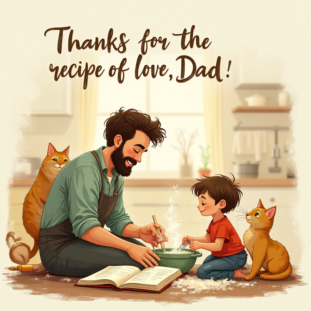 **Image Prompt:**

Imagine a heartwarming kitchen scene where a father and his young child are cooking together. The father, clad in a slightly stained apron, is kneeling next to a large, open recipe book on the counter. Beside him, his child is stirring a mixing bowl with all the concentration of a seasoned chef, albeit with a little flour on their cheeks.

In the background, two cats are playfully intertwining around the father's legs, adding a sense of warmth and family chaos. One cat is batting at a rolling pin while the other is peering into the mixing bowl with curiosity.

The illustration is rich with warm, earthy tones—think golden yellows, soft browns, and deep greens. Textured brush strokes give life to the scene, and fine linework details everything from the father's proud smile to the flour dusted over the countertop.

At the top of the image, in a gentle, flowing script, the caption reads: "Thanks for the recipe of love, Dad!"

This card captures the essence of family moments in the kitchen, highlighting the joy of shared experiences and the unique bond between father and child.
Generated with these themes: Cooking, cats, , and .
Made with ❤️ by AI.