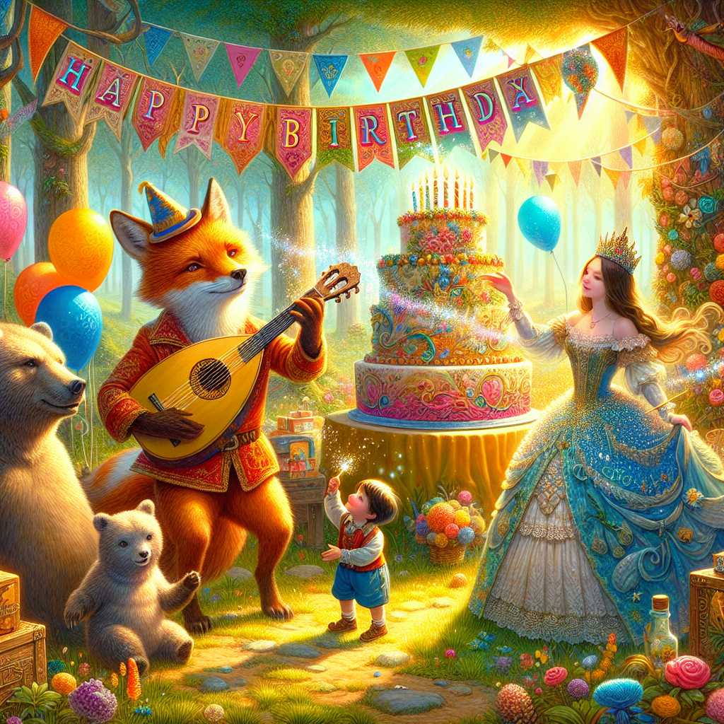 A vividly fantasy-like birthday scene taking place in a sun-drenched forest clearing resembling enchanting woodland tales. A friendly fox with a hat plays a lute next to a large, ornately decorated birthday cake. A tropical bear and a young, short-haired boy seem to sway harmoniously to the rhythm. Meanwhile, a long-haired maiden donned in a royal gown adds an elegant touch to the frame, casting a flurry of glittering specks from her delicate hands. The scene is adorned with vibrant balloons and multicolored flags, with the words 'Happy Birthday' written in a playful and lively lettering style.
Generated with these themes: Disney's Robin Hood, The Jungle Book, and Princess Aurora.
Made with ❤️ by AI.