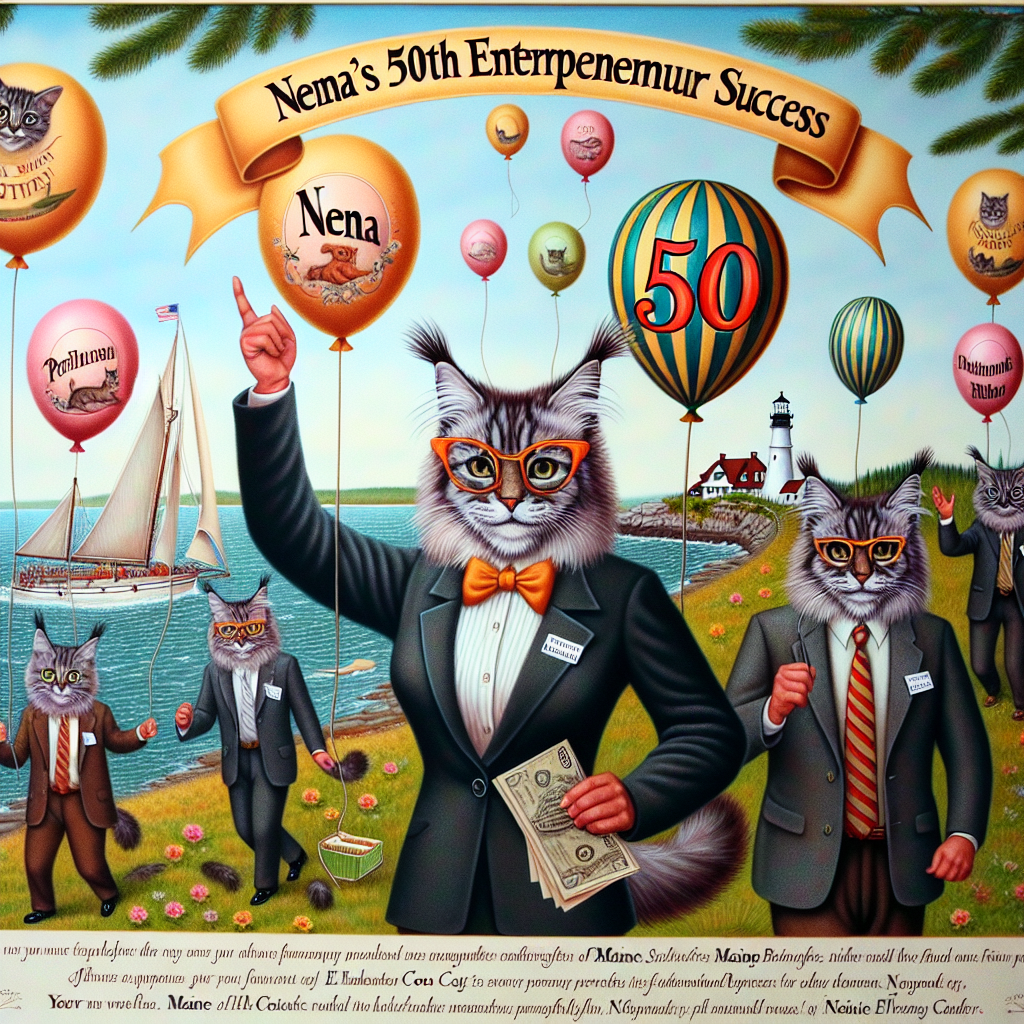 An exuberant illustration commemorating a woman's 50th birthday, with the name 'Nena' prominently displayed. The scene is populated with animated Maine Coon cats dressed as joyful entrepreneurs, equipped with small business suits and light-hearted eyewear. Balloons drift throughout the scene, each intertwining with the prideful cursive lettering of 'Nena's 50th Entrepreneurial Success'. The background portrays quintessential images from Maine, including a tranquil coastline scenery and the noted Portland Head Light. These details serve as a tribute to a flourishing lifetime voyage and an affectionate reference to the birthday woman's home state.
Generated with these themes:  Entrepreneur , Maine coon cats, 50th, and "Nena" .
Made with ❤️ by AI.