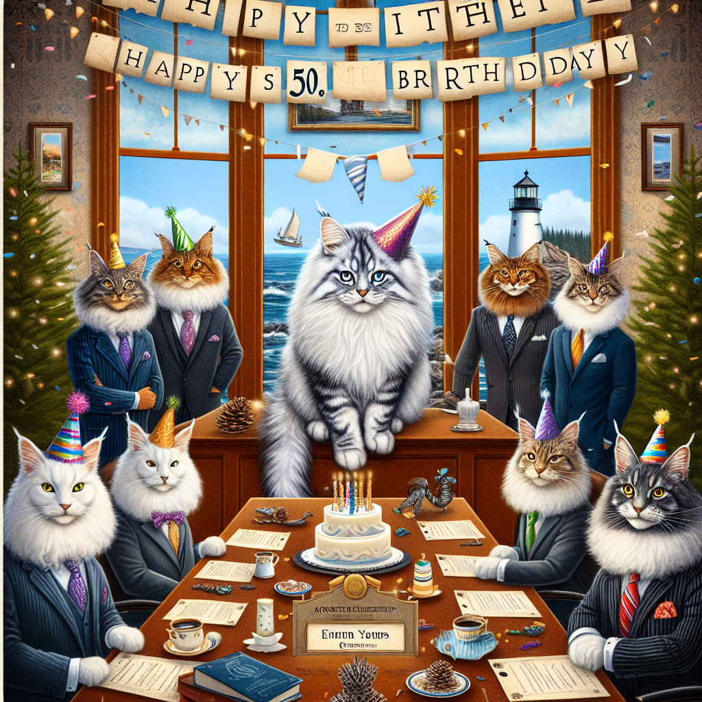 Create a whimsical birthday illustration themed around entrepreneurship and acknowledging the milestone of reaching 50 years. At the center, a make-believe character named 'Nena' in elegant, bold letters, surrounded by a boardroom scene where charming Maine coon cats garbed in business attire, are assessing their pseudo ventures. Their heads are adorned with party hats, whilst a festive banner displayed above reads 'Happy 50th Birthday!' The background boasts the rugged beauty of Maine, showcasing pine trees and a lighthouse, amid gently falling tasteful confetti.
Generated with these themes:  Entrepreneur , Maine coon cats, 50th, and "Nena" .
Made with ❤️ by AI.