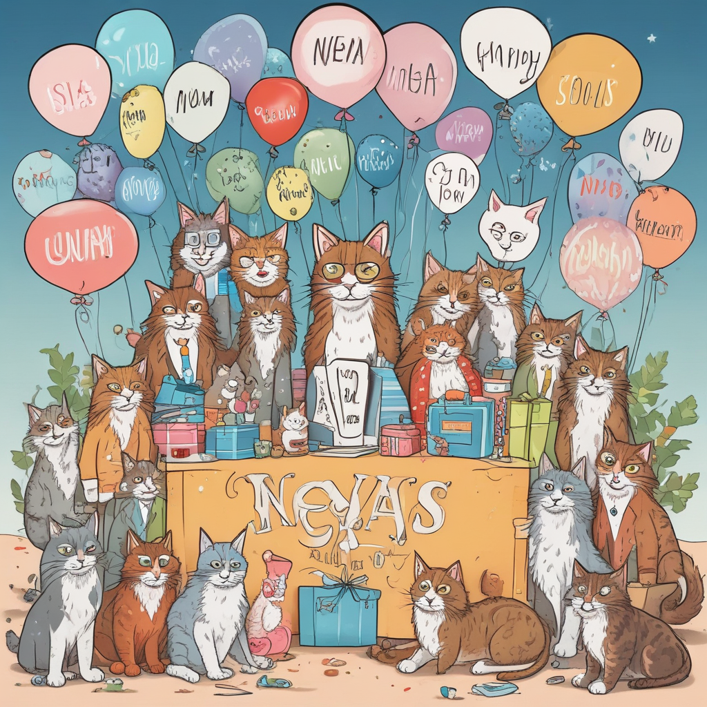 Illustration Cute, An exuberant illustration commemorating a woman's 50th birthday, with the name 'Nena' prominently displayed. The scene is populated with animated Maine Coon cats dressed as joyful entrepreneurs, equipped with small business suits and light-hearted eyewear. Balloons drift throughout the scene, each intertwining with the prideful cursive lettering of 'Nena's 50th Entrepreneurial Success'. The background portrays quintessential images from Maine, including a tranquil coastline scenery and the noted Portland Head Light. These details serve as a tribute to a flourishing lifetime voyage and an affectionate reference to the birthday woman's home state.
Generated with these themes:  Entrepreneur , Maine coon cats, 50th, and "Nena" .
Made with ❤️ by AI.