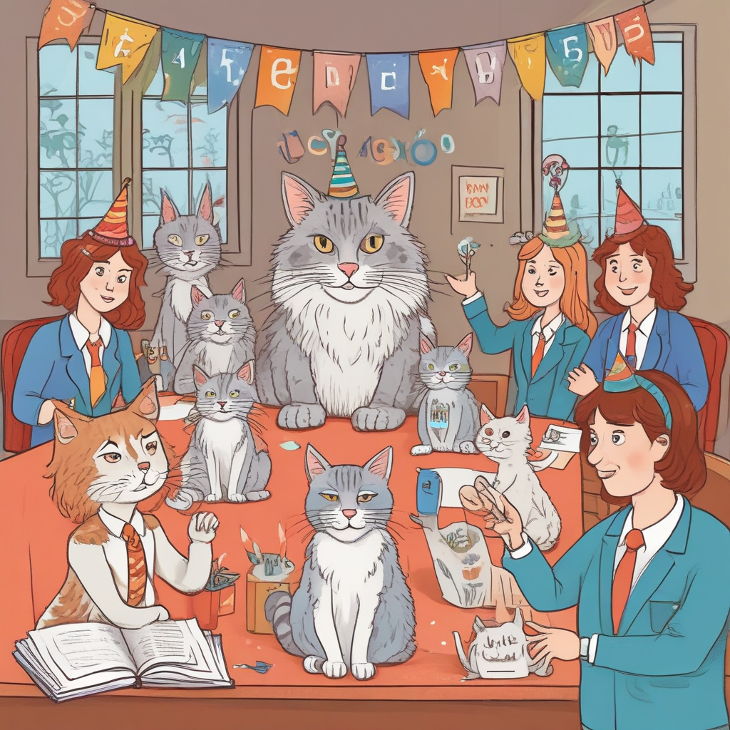 Illustration Cute, Create a whimsical birthday illustration themed around entrepreneurship and acknowledging the milestone of reaching 50 years. At the center, a make-believe character named 'Nena' in elegant, bold letters, surrounded by a boardroom scene where charming Maine coon cats garbed in business attire, are assessing their pseudo ventures. Their heads are adorned with party hats, whilst a festive banner displayed above reads 'Happy 50th Birthday!' The background boasts the rugged beauty of Maine, showcasing pine trees and a lighthouse, amid gently falling tasteful confetti.
Generated with these themes:  Entrepreneur , Maine coon cats, 50th, and "Nena" .
Made with ❤️ by AI.