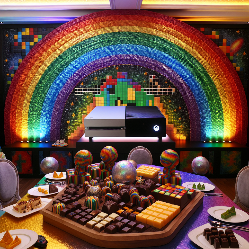Imagine a birthday party room decorated in a magical blend of fun and realism. The room's dominant feature is a sophisticated gaming station, complete with the newest Xbox console, which stands polished and sleek in black. The walls around it are lavishly adorned with vibrant, multi-colored rainbows that appear to cascade down. The guests enjoy a unique assortment of gourmet chocolates, beautifully sculpted to recall pixelated video game characters and gaming symbols. Adding a savory counterpoint to the spread are cheese platters, cleverly designed to mirror the appearance of gaming controllers. The ingenious mix of the vibrant rainbows with the gaming theme produces a delightful fusion of fantasy and entertainment.
Generated with these themes: Gaming, Rainbows, Chocolate, Xbox, and Cheese.
Made with ❤️ by AI.