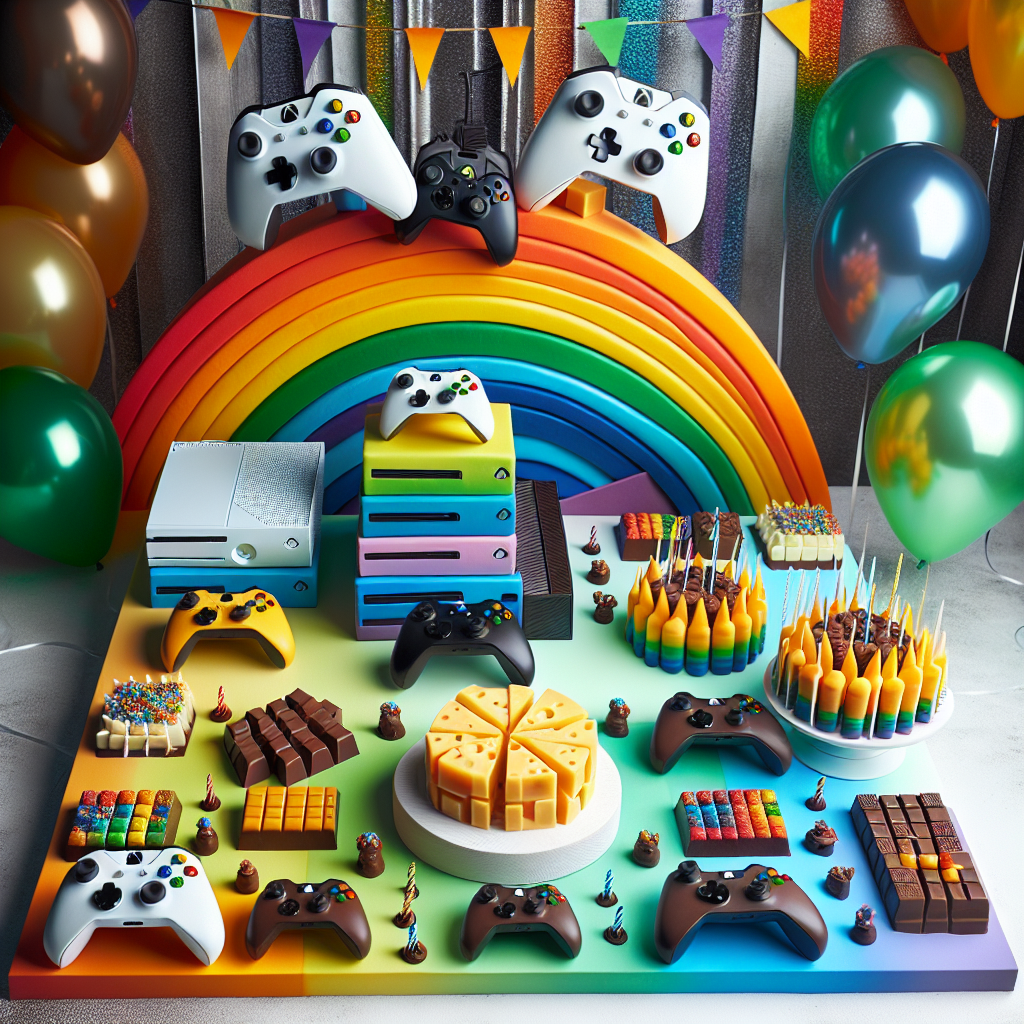 Generate an image of a joyful birthday scene inspired by gaming themes. This includes a vibrant rainbow color scheme integrated with the sleek design of a modern Xbox setup. There should be an array of playful chocolate treats molded into shapes inspired by popular video games, next to a meticulously arranged assortment of cheeses that resemble classic gaming controllers. The decorations should come together to create an atmosphere of wonder, with balloons and streamers that reflect the rainbow hues, all evoking a sense of celebration and joy.
Generated with these themes: Gaming, Rainbows, Chocolate, Xbox, and Cheese.
Made with ❤️ by AI.