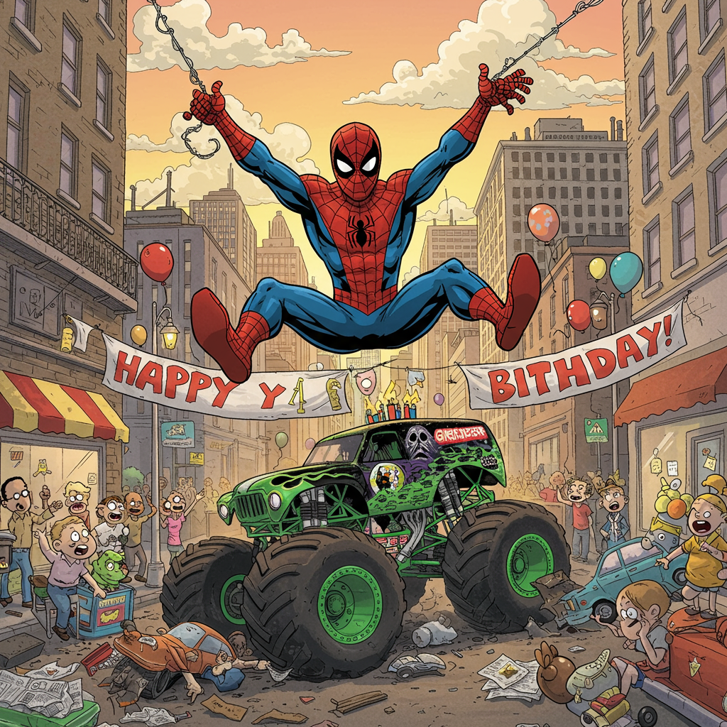 Front and center, a jubilant Spider-Man is depicted swinging through a vibrant cityscape with exaggerated, cartoonish limbs reminiscent of Bill Watterson’s playful style. His iconic red and blue suit is vibrantly colored, with webs glistening in white, exaggerated detail. The buildings behind him, inspired by the architectural whimsy of Winsor McCay, are tall and slightly warped, like a bustling urban playground full of life.

Below, the Grave Digger monster truck barrels through the city street, capturing the chaotic energy of R. Crumb’s comix style. Its massive wheels, colored in a vibrant green with intricate detailing, crush a smaller, brightly colored car beneath it, akin to the dynamic action seen in Gary Larson’s The Far Side. The truck's body is emblazoned with its iconic black and green flame pattern, popping against the warm hues of the setting city.

In the background, cartoon clouds in hues of pastel blues and pinks float lazily across the sky, their softness a nod to the calm backdrops of Charles Schulz’s Peanuts. A crowd of cartoonish city folk, drawn with Osamu Tezuka’s attention to expressive detail, gather on the sidewalks, their oversized eyes and mouths wide with amazement as they point towards the spectacular scene above.

Brightly colored balloons in reds, yellows, and blues float in the sky, casting soft shadows on the scene below. A celebratory banner stretches between two buildings, adorned with comically oversized, playful lettering that reads “HAPPY BIRTHDAY!” Each letter is a different, vibrant color, echoing the playful exuberance of Walt Disney’s early works.

The ground is alive with cartoonish debris – bits of city life scattered in the whimsical chaos, from a toppled ice cream cart to an open newspaper, each element designed with the meticulous attention to detail of Art Spiegelman. The entire scene is bathed in a warm, golden light as if caught in the magical glow of a perfect cartoon sunset, creating an inviting, vibrant landscape perfect for a birthday card full of unexpected adventure and laughter.
Generated with these themes: Spider man swing with the grave digger monster truck smashing a car in the city .
Made with ❤️ by AI.
