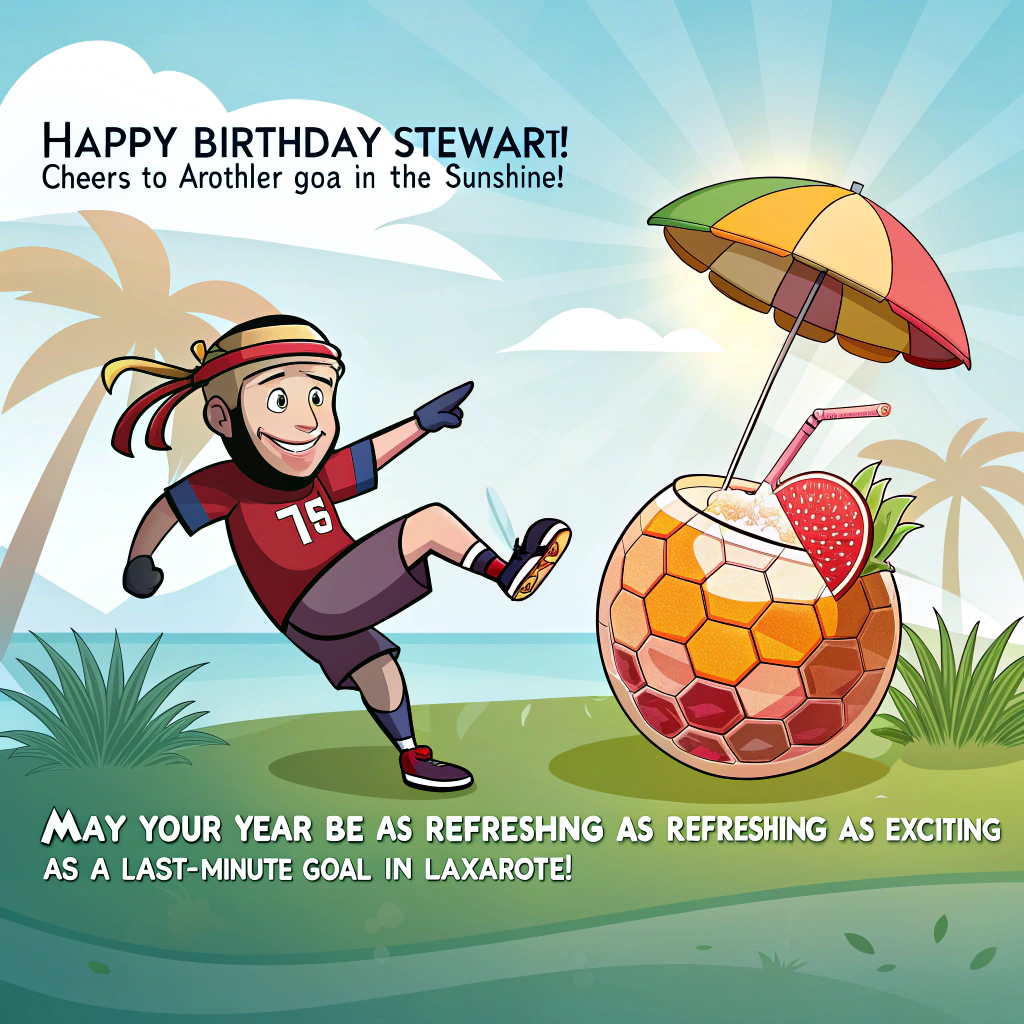 At the top of the image, "Happy Birthday Stewart! Cheers to Another Goal in the Sunshine!"

Add at the bottom of the image, "May Your Year Be as Refreshing as Sangria and as Exciting as a Last-Minute Goal in Lanzarote!"

- Illustrate a vibrant cartoon scene with Stewart, in exaggerated football attire, kicking a football made of fruity sangria, as the sun beams down in the background. A comical cocktail umbrella is perched atop the football, with palm trees swaying in the Lanzarote breeze.
Generated with these themes: Drinking sangria in the sunshine, Football, Lanzarote, , and .
Made with ❤️ by AI.