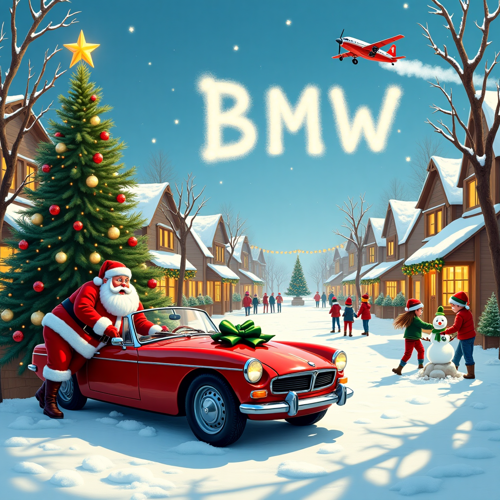 In the forefront of this quirky Christmas greeting card scene, imagine a snowy village square bustling with holiday cheer. A sleek, vintage BMW convertible, gleaming in festive red with a big green bow on the hood, is parked beside a lavishly decorated Christmas tree. The tree is adorned with twinkling fairy lights, oversized baubles, and an eye-catching star perched at the top. Just behind the car, Santa Claus is casually leaning against the door, sipping hot cocoa from a whimsical mug, with reindeer playfully nipping at his coat tails. In the background, a quaint cobblestone street lined with charming little shops and twinkling Christmas lights stretches into the distance. Above, a blue, cloudless sky takes center stage, and a small airplane can be seen skywriting the name "Bmw" with fluffy white smoke, creating an unexpected touch of personalization for the recipient. The snowy ground glistens under the midday sun, and a group of excited children are building a snowman, complete with a carrot nose and button eyes. Just off to the side, a band of merry elves is gleefully decorating the village fountain with wreaths and garlands. Every element of the scene bursts with holiday charm, telling a unique story that seamlessly incorporates both the Christmas spirit and the elegance of a BMW.
Generated with these themes: Bmw, and .
Made with ❤️ by AI.
