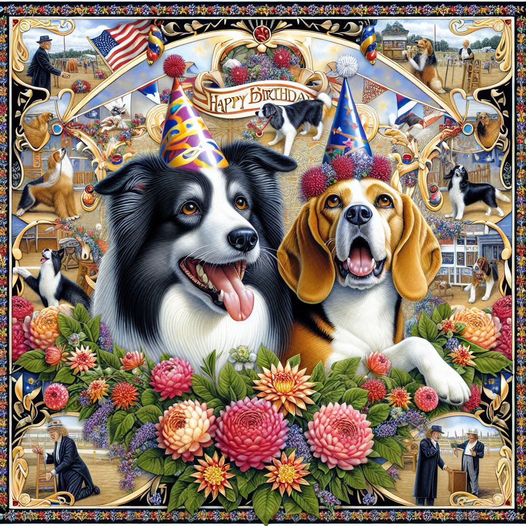 Create a second variation image featuring a festive and lifelike birthday scene centered around two dogs: a Border Collie and a Beagle. These dogs are captured in mid-celebration, expressing delight and playfulness. The dogs are amidst an intricate floral arrangement, which radiates a sense of festivity and sophistication. Elements from a typical dog show in Wisconsin subtly blend into the background, with the presence of judges and other participants prepping for their show, adding a distinct local charm to the scene. The border of the image is decorated with a plethora of birthday motifs, enhancing the joyous atmosphere of the occasion.
Generated with these themes: Border collie, Beagle, Flowers , W.I., and Dod show.
Made with ❤️ by AI.