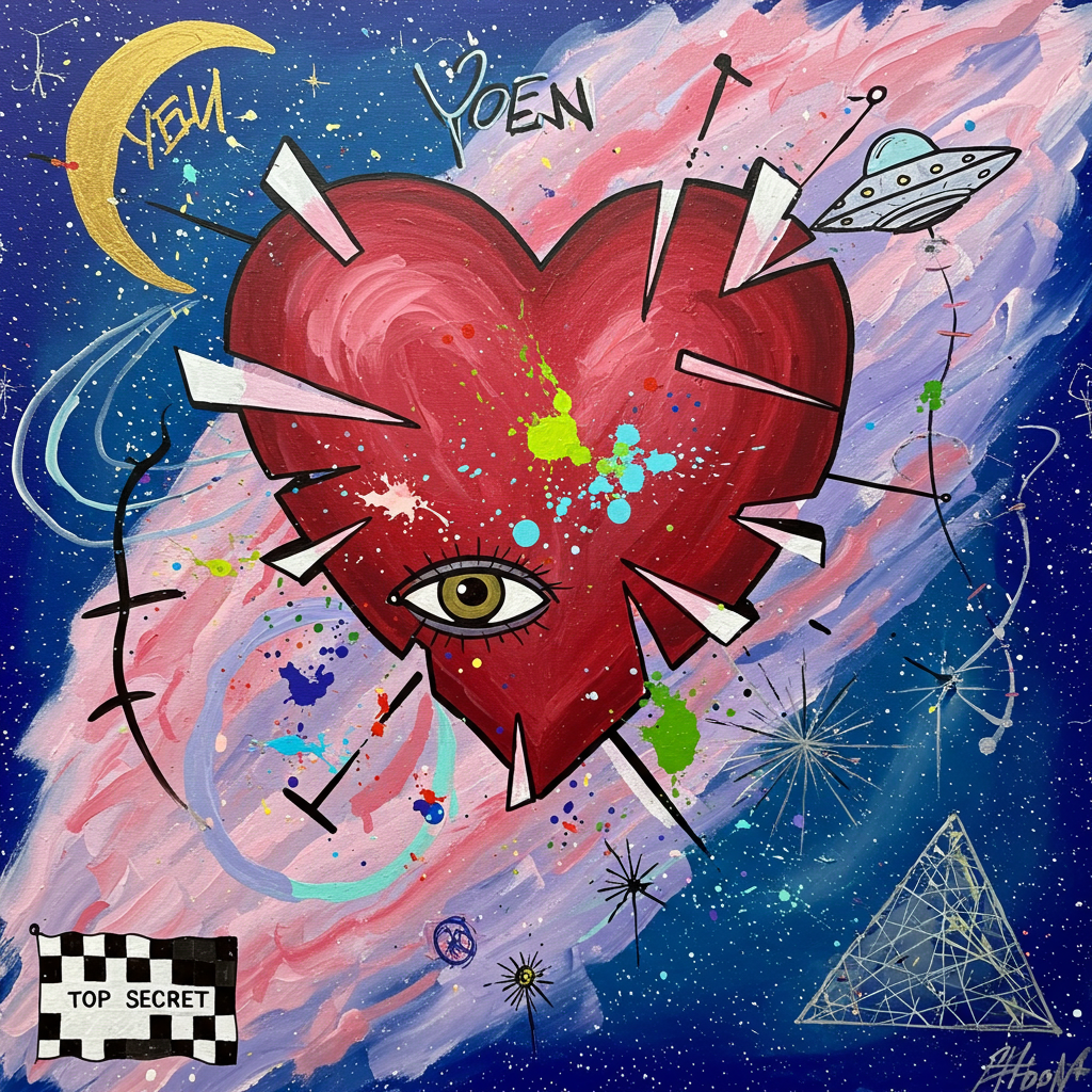 Front and center, an oversized crimson heart hovers, almost floating against a background reminiscent of Rothko's ethereal color fields, merging deep pinks and soft magentas with feathered transitions into a vast cosmic blue. The heart is dissected by geometric black and white lines in the style of Mondrian, with each section filled with a chaos of vibrant, Pollock-esque splatters — electric greens, vivid yellows, and bold blues — that seem to suggest secret codes and encrypted messages.

In the foreground, a stylized eye, evoking the simplicity of Miró's forms, is embedded within the heart, casting a vigilant gaze, symbolic of ever-watchful conspiracy theories. Around this central figure, De Kooning-inspired swooshes and angular strokes dance like satellites, in pastel hues of lavender and mint, spiraling outward.

To the right, a triangular UFO, painted in stark contrast with Malevich's suprematist principles, in flat tones of silver and charcoal, hovers serenely, with thin lines trailing beneath as if it’s in motion. Below it, a square-like formation mimics the minimalist grids of Agnes Martin, filled with an intricate web of tiny, interconnected lines and dots, a nod to cosmic conspiracy maps.

Above the scene, the word "Yenn" is boldly scrawled in Cy Twombly's unmistakable, whimsical hand, appearing like a graffiti tag across a golden crescent moon, which peeks out from the top left corner, casting a surreal glow across the entire composition.

In the lower left corner, a small, checkered flag bearing the words "Top Secret" flutters, echoing Richter’s blend of realism and abstraction, painted with a ghostly transparency that suggests it might vanish at any moment.

The entire composition is a vibrant interplay of shape and color, inviting the viewer to decode its layers of visual intrigue, just like a conspiracy waiting to be unraveled.
Generated with these themes: Conspiracy theories.
Made with ❤️ by AI.