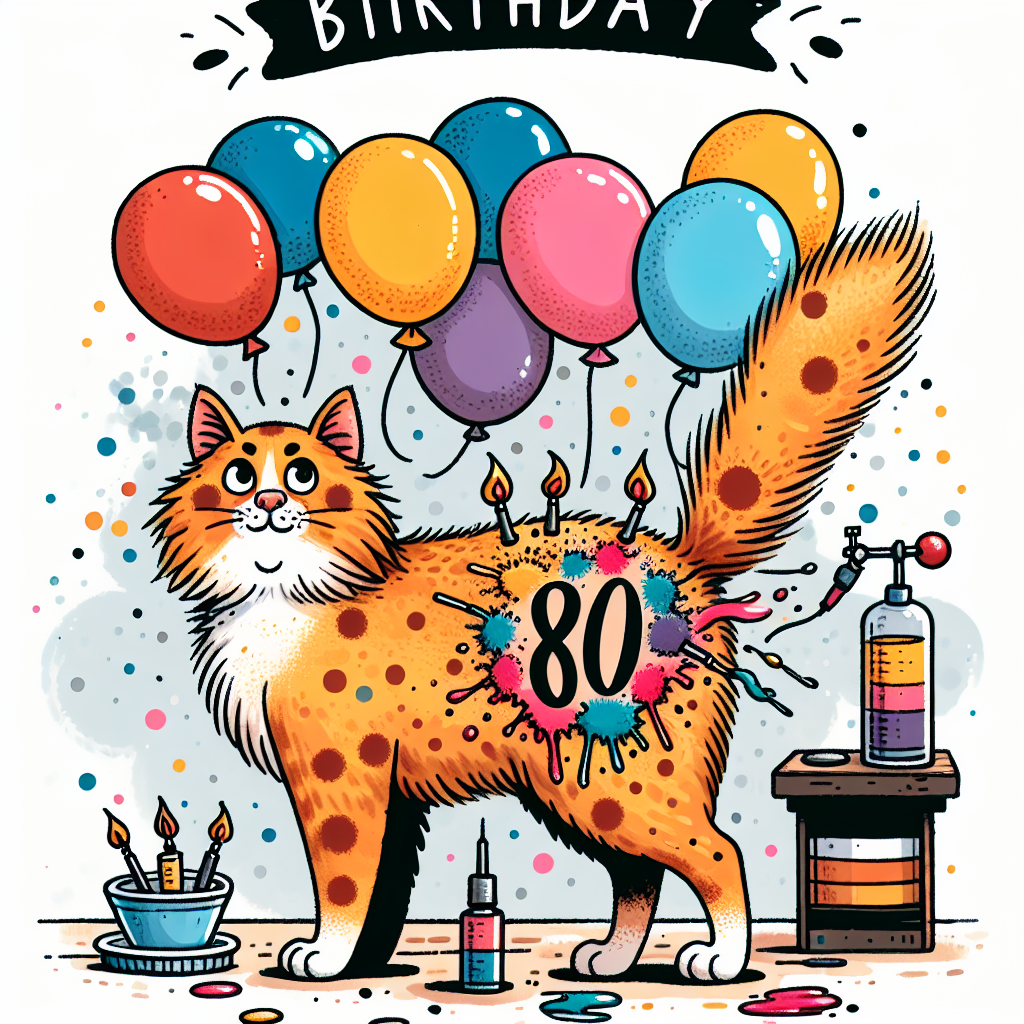Create a lively image of a birthday celebration with a whimsical, cartoony feeling. In the scene, there are ginger-haired cats with interesting tattoos. Specifically, one audacious cat with spots of brighter ginger hair is proudly walking around, showing off a remarkable '80' tattoo, signifying the special birthday milestone. Illustrate cartoony tattoo apparatus, splatters of different-colored tattooing ink, and an ambient backdrop filled with multicolored balloons to further instill the humor and festivity of the event.
Generated with these themes: Cats, Ginger Hair, Tattoos, and 80.
Made with ❤️ by AI.