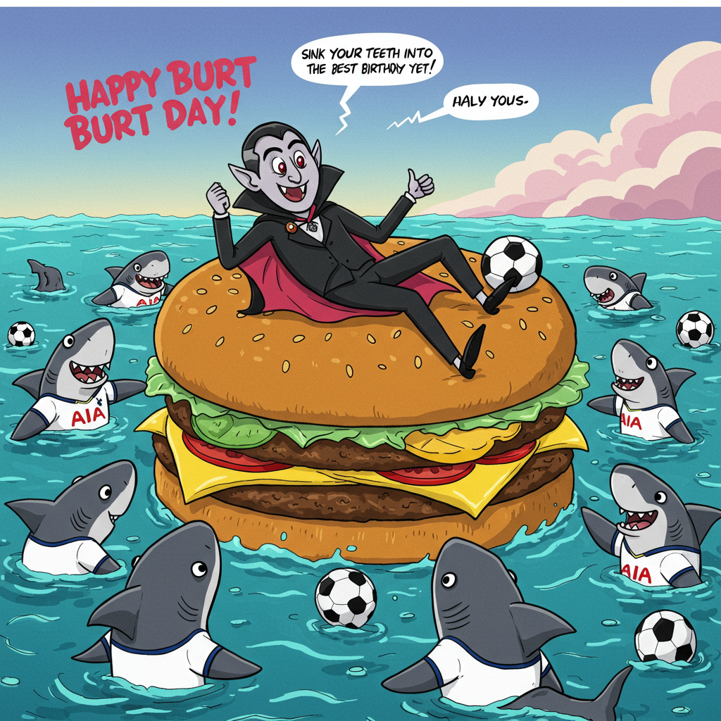 At the top of the Cartoon Style image, include the text "Happy Burt Day!"

**Image Prompt:**

Create a whimsical scene where a cartoonish Dracula is lounging on a floating burger in a sea filled with playful, smiling sharks wearing Tottenham Hotspur jerseys. Dracula, with his exaggerated cape and fangs, holds a soccer ball instead of his usual goblet, and he's giving a cheeky thumbs-up. The sharks, with comical wide eyes and friendly grins, swim around the burger, looking both enthusiastic and slightly clumsy in their attempts to play soccer in the water. Bright colors, bold outlines, and exaggerated features should make this a lively and humorous illustration. Add a playful splash of water and vibrant sky in the background to enhance the fun atmosphere. Include a small text caption on the burger reading, "Sink your teeth into the best birthday yet!"
Generated with these themes: Burgers, Sharks, Dracula, Tottenham Hotspur, and .
Made with ❤️ by AI.