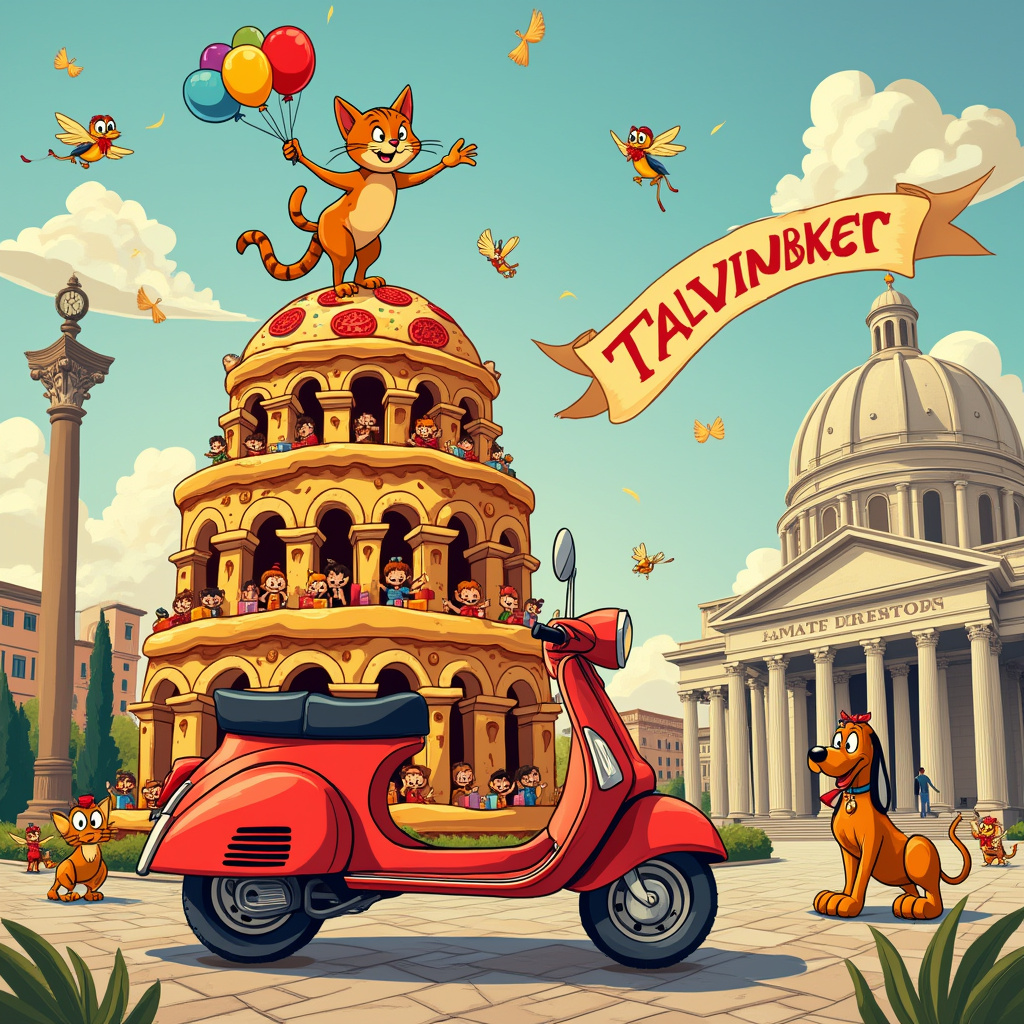 In the vibrant and bustling scene set against a whimsical Roman backdrop, we find a jubilant birthday celebration unfolding amidst iconic Roman monuments. In the foreground, the lovable cartoon protagonist—a jovial cat with a cheeky grin reminiscent of classic characters from Charles Schulz and Bill Watterson—gleefully balances atop a wobbly stack of pizzas shaped like the Colosseum. Each pizza layer mimics the grandeur of the ancient amphitheater, complete with playful arches and tiny cartoon spectators enjoying the show. 

To the right, a mischievous dog reminiscent of Disney's Pluto has fashioned a birthday chariot using an overturned Vespa scooter. The wheels of the Vespa are creatively replaced with colorful balloons, and it's being pulled by a parade of tiny cartoon gladiators, each wearing party hats and togas. The chariot is adorned with a bright banner that waves in the breeze, spelling out "Happy Birthday Talvinder!" in a jubilant, hand-lettered style, with the letters painted in vibrant, party-themed colors.

In the background, the majestic silhouette of the Roman Pantheon is humorously transformed into a colossal cake, its iconic dome topped with a giant candle that flickers merrily in the cartoon sky. Clouds overhead form into playful speech bubbles with one particularly puffy cloud whimsically shaped to spell out "Talvinder," giving a nod to Hergé's clever use of detail. Around the Pantheon-cake, cartoon birds, inspired by Winsor McCay's fantastical style, soar joyously, each carrying a tiny gift in its beak, ready to drop it into the hands of the animated guests below.

Further enriching the scene, a couple of caricatured Roman statues, like those of Osamu Tezuka's or Gary Larson's works, have come to life. One statue holds a bundle of balloons while the other twirls a streamer, adding to the festive atmosphere. The entire scene is set in a vibrant, comic-style panel that captures the zany yet heartwarming celebration, ensuring that Talvinder's name is the star attraction amidst a lively Roman birthday extravaganza.
Generated with these themes: Rome monuments.
Made with ❤️ by AI.