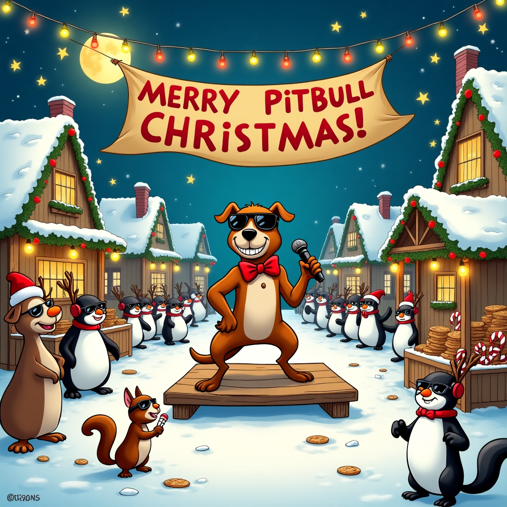 In a whimsical cartoon Christmas card scene, the backdrop is an enchanting snowy village square, decorated with twinkling fairy lights and colorful bunting. The square is bustling with an eclectic mix of characters drawn in a style reminiscent of Charles Schulz and Bill Watterson, with exaggerated expressions and whimsical poses. In the center, on a makeshift wooden stage draped with holly garlands, stands Pitbull, the pop sensation, but in a humorous twist, he's depicted as an actual pit bull dog. This dapper dog is wearing his signature sunglasses and a bright red bow tie, holding a tiny microphone in his paw, mid-rap with an enthusiastic grin. 

To the right, there's a group of cheerful snowmen wearing headphones, swaying to the beat, their carrot noses pointing upward in delight. On the left, a crowd of various cartoon animals, including reindeer with sunglasses and penguins with tiny Santa hats, are gathered, dancing in rhythm. A particularly jolly penguin is using a candy cane as a microphone stand, trying to mimic Pitbull's performance. 

In the foreground, a pair of mischievous squirrels, inspired by the antics of Calvin and Hobbes, are trying to sneak away with some Christmas cookies from a nearby stall, their cheeks stuffed with crumbs. The stall is decorated with striped candy canes and twinkling string lights. Above the scene, a banner stretches across, reading "Merry Pitbull Christmas!" in bold, festive letters adorned with snowflakes and holly leaves. The sky above is a deep, starry night, with a full moon illuminating the joyful chaos below, while a few cheeky stars seem to wink at the festive frolics.
Generated with these themes: Pitbull concert.
Made with ❤️ by AI.