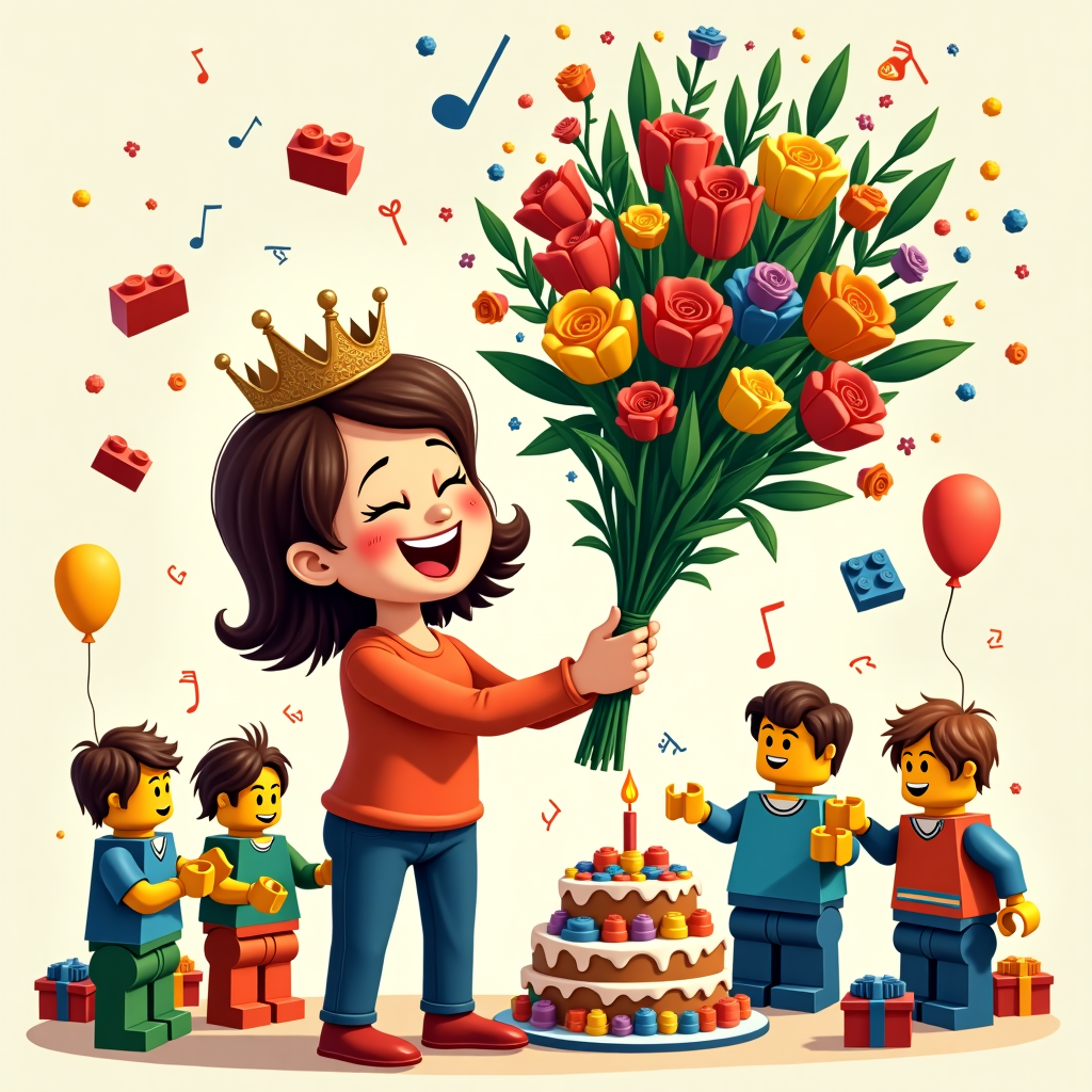 Lego flowers , and Brown hair Birthday Card