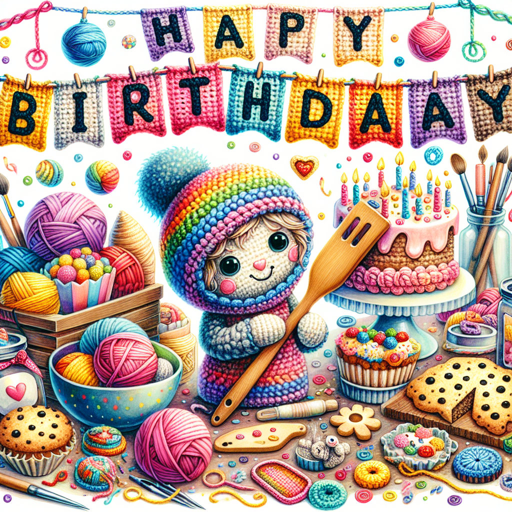 A charming birthday-themed illustration in vivid watercolors. The backdrop consists of assorted arts and crafts materials and a beautifully textured sign saying 'Happy Birthday', skillfully knit with crochet yarn of various bright colors. In the center of the illustration, there is a whimsical crocheted character, holding a baking spatula. This central figure is playfully surrounded by a festive array of baked goods: a birthday cake, cookies, as well as an assortment of party favors. These are all intricately decorated with small crochet-inspired details, to provide a perfect representation of a handmade, heartfelt birthday celebration.
Generated with these themes: Crochet, Water colours, Arts and crafts, Baking, Happy Birthday, Fun made out of crochet, and Birthday Cake.
Made with ❤️ by AI.