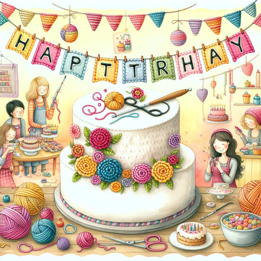 Create an illustration featuring a warm and lively birthday scene imbued with soft watercolor tones. In the heart of the image, hangs a cheery 'Happy Birthday' banner, crocheted to perfection with each letter intricately woven. Below, friends of various descents and genders are depicted engrossed in baking and decoration pursuits. The centerpiece of the gathering is a whimsical birthday cake, adorned with vibrant crochet flowers and a miniature fondant artistry showcasing a crochet needle and yarn, encapsulating the combined love for baking and crafting.
Generated with these themes: Crochet, Water colours, Arts and crafts, Baking, Happy Birthday, Fun made out of crochet, and Birthday Cake.
Made with ❤️ by AI.
