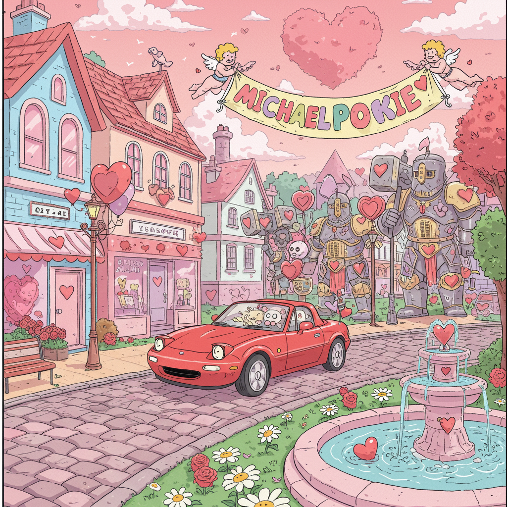 Mx5 NA driving down a cute town with hearts and warhammer Valentines-day Card