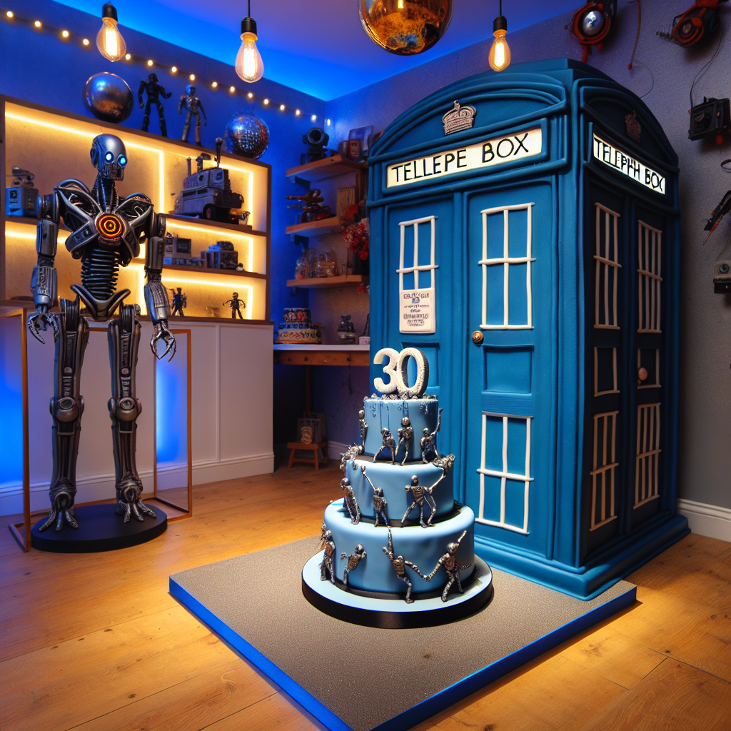 The room is decorated with science fiction elements for a 30th birthday celebration. One corner of the room features a remarkably realistic, blue, vintage British telephone box, serving as the backdrop for a photo booth. The highlight of the room is a beautifully embellished birthday cake. It has captivating edible robot-like figures marching around its base, and a prominent '30' on top, representing the milestone age. The futuristic aesthetic offers a unique contrast against the festive atmosphere.
Generated with these themes: Tardis, Birthday Cake, 30th birthday , and Cyberman.
Made with ❤️ by AI.