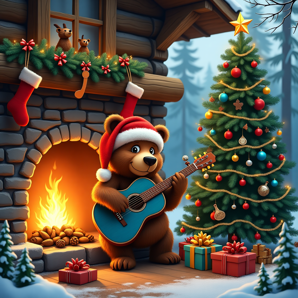 In a cozy, rustic log cabin nestled in a snow-laden forest, a charming scene unfolds, perfect for a Christmas card. At the heart of the cabin, a large stone fireplace hosts a crackling fire that sends flickers of amber light dancing around the room. Seated in front of the fire, a female grizzly bear, with a glossy brown coat and gentle, twinkling eyes, strums a blues guitar. Her claws gently glide over the strings, producing a soulful tune that seems to blend with the crackle of the fire. She wears a red Santa hat, slightly askew, adding a festive touch. The bear's guitar is a classic blue with a weathered finish, suggesting years of harmonious play.

To her right stands a towering Christmas tree, its branches lush and dark green, bedecked with twinkling fairy lights and colorful baubles. Ornaments shaped like tiny guitars and musical notes dangle from the branches, complementing the bear's musical theme. Tinsel in hues of silver and gold weaves through the branches like flowing rivers of light. Under the tree, a scattering of wrapped presents with vibrant red, green, and gold paper and topped with enormous, elaborate bows hint at the joys of the season.

Hanging on the wooden walls of the cabin are stockings brimming with tiny treats, and the shelves are adorned with pinecones and small woodland creatures carved from wood, each carefully painted. A garland of holly stretches across the mantelpiece, interspersed with little bells that occasionally jingle with the bear's rhythmic strumming. This picturesque scene captures a whimsical Christmas moment, where nature, music, and festive cheer collide in a cozy, enchanted setting.
Generated with these themes: A cute blues guitar playing female grizzly bear sitting in a log cabin by the heath of a roaring fire with an Xmas tree and Xmas decorations .
Made with ❤️ by AI.