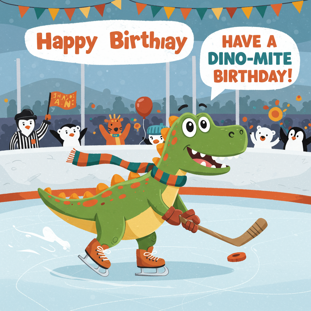 At the top of the Cartoon Style image, place the text: "Happy Birthday"

Create a vibrant and whimsical scene featuring a playful dinosaur on ice skates, enthusiastically playing ice hockey. The dinosaur is cartoonishly exaggerated, with an oversized grin and wide, joyful eyes. Its body is a bright green with orange spots, and it’s wearing a comically tiny hockey helmet and jersey. The dinosaur’s tail is adorned with a scarf that flutters energetically as it skates. 

In the background, there's a lively ice rink scene with cheering cartoon animals like a penguin referee and an audience of excited polar bears waving flags. 

Add a cheeky banner above the rink that reads: "HAVE A DINO-MITE BIRTHDAY!"
Generated with these themes: A dinosaur playing ice hockey , and .
Made with ❤️ by AI.