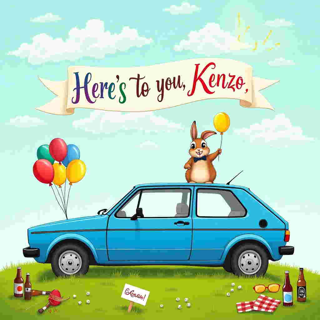 In this whimsical illustration for a sympathy card, a classic Volkswagen Golf is whimsically parked on a lush, green hilltop, its bright blue paint gleaming under a sky dotted with fluffy, white clouds. A string of colorful balloons—red, yellow, and blue—are tied to the side mirrors and rear antenna, bobbing cheerfully against the gentle breeze. Scattered around the car are half-empty beer bottles, some upright and others lying on their sides, suggesting a humorous yet chaotic picnic scene. Perched atop the car's roof, a small brown rabbit wearing a tiny, quirky bowtie holds a yellow balloon, his large eyes peering curiously at the viewer. A banner stretches from one end of the car to the other, artfully lettered with the name "Kenzo" in swirling, playful script. In the sky above, clouds have whimsically arranged themselves to mimic the shape of a smiling face, with sunlight piercing through to highlight the letters of "Kenzo" in vibrant rainbow hues. Nestled amidst the beer bottles on the grass, a small sign reads, “Here’s to you, Kenzo,” offering a heartfelt yet lighthearted message of sympathy and solidarity. This delightful scene, blending elements of nature and whimsy, combines thoughtful storytelling with a nod to fun-loving spontaneity, creating an unforgettable greeting card cover.
Generated with these themes: Volkswagen Golf, Balloons, and Beer.
Made with ❤️ by AI.