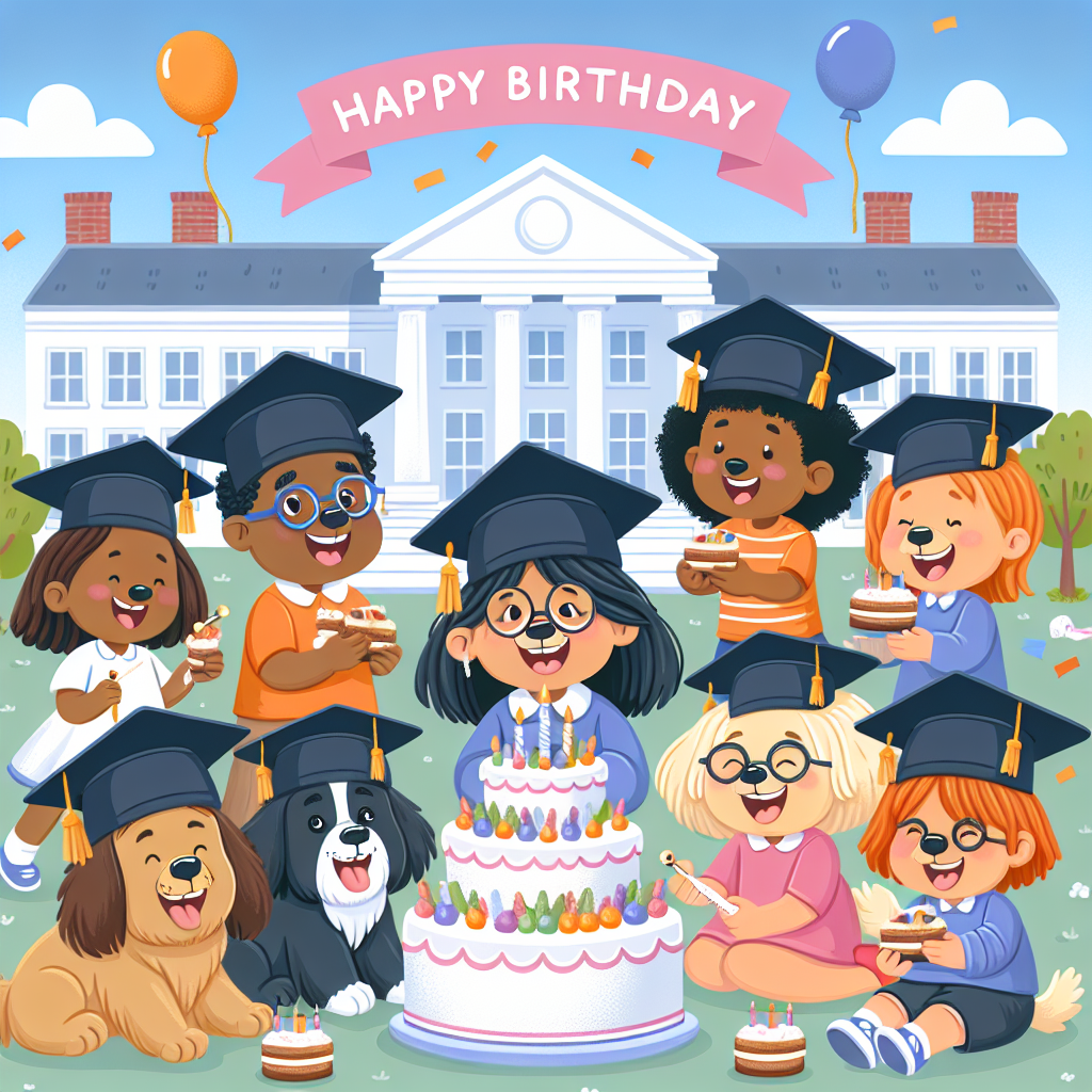 Drawing of a birthday party in a university setting with dogs wearing graduation caps and surrounded by children, all enjoying birthday cake.
Generated with these interests: Univerity, Dogs, and Children.
Made with ❤️ by AI.