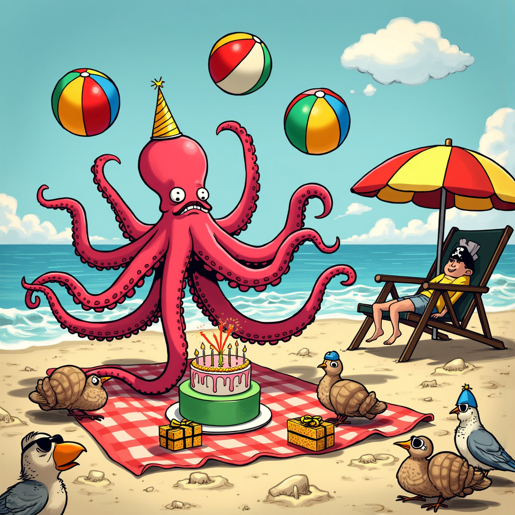 Picture this: A vibrant, comical birthday scene set on a bustling beach, influenced by the eclectic styles of legendary artists.

In the foreground, our main character, a jovial, somewhat clumsy octopus named Ollie, is enthusiastically juggling beach balls, birthday cakes, and wrapped presents with his eight dexterous tentacles. Each item he's juggling has a unique twist: one beach ball sports a pair of sunglasses and a party hat, the birthday cake has sparklers instead of candles, and the presents are wrapped in whimsical, brightly colored patterns that echo Hergé's attention to detail in "Tintin".

To the right, there’s a cluster of anthropomorphic seashells, inspired by Gary Larson's quirky "The Far Side" humor. They are having a mini birthday picnic, complete with a tiny checkered blanket and a minuscule, but intricately detailed, sandcastle cake. One seashell, wearing oversized glasses, is trying to light a sparkler on the cake but keeps getting sprayed by the ocean mist.

In the background, we see a beach chair with a well-worn comic book of "Calvin and Hobbes" lying open on it, a tribute to Bill Watterson. The beach chair has a rainbow-colored umbrella casting a vibrant shadow, under which a couple of seagulls, with comically exaggerated beaks, are wearing pirate hats and eyepatches, channeling R. Crumb's underground comix energy.

On the left side of the scene, there's a magnificent sand sculpture of Astro Boy, meticulously crafted by a group of enthusiastic kids, mirroring Osamu Tezuka's iconic style. Each grain of sand is given loving attention, capturing the detailed mechanical aesthetics.

Above all this, the sky is clear except for a single speech bubble cloud, a nod to Charles Schulz's "Peanuts", where a character off-screen (perhaps Charlie Brown-esque) exclaims, "Good grief, Ollie! How do you manage all those tentacles?!"

In the background, the sea (Mare) is animated with waves that resemble playful characters from Winsor McCay's "Little Nemo in Slumberland", with faces forming in the crests of the waves, laughing and splashing about.

On the horizon, a tiny sailboat floats serenely, with a banner trailing behind it that reads, "Happy Birthday!" in bold, joyful letters, completing this whimsical, seaside birthday celebration.

This card combines humor, detailed artistry, and storytelling, ensuring it’s a memorable keepsake for any birthday celebration.
Generated with these themes: Leggere, and Mare.
Made with ❤️ by AI.