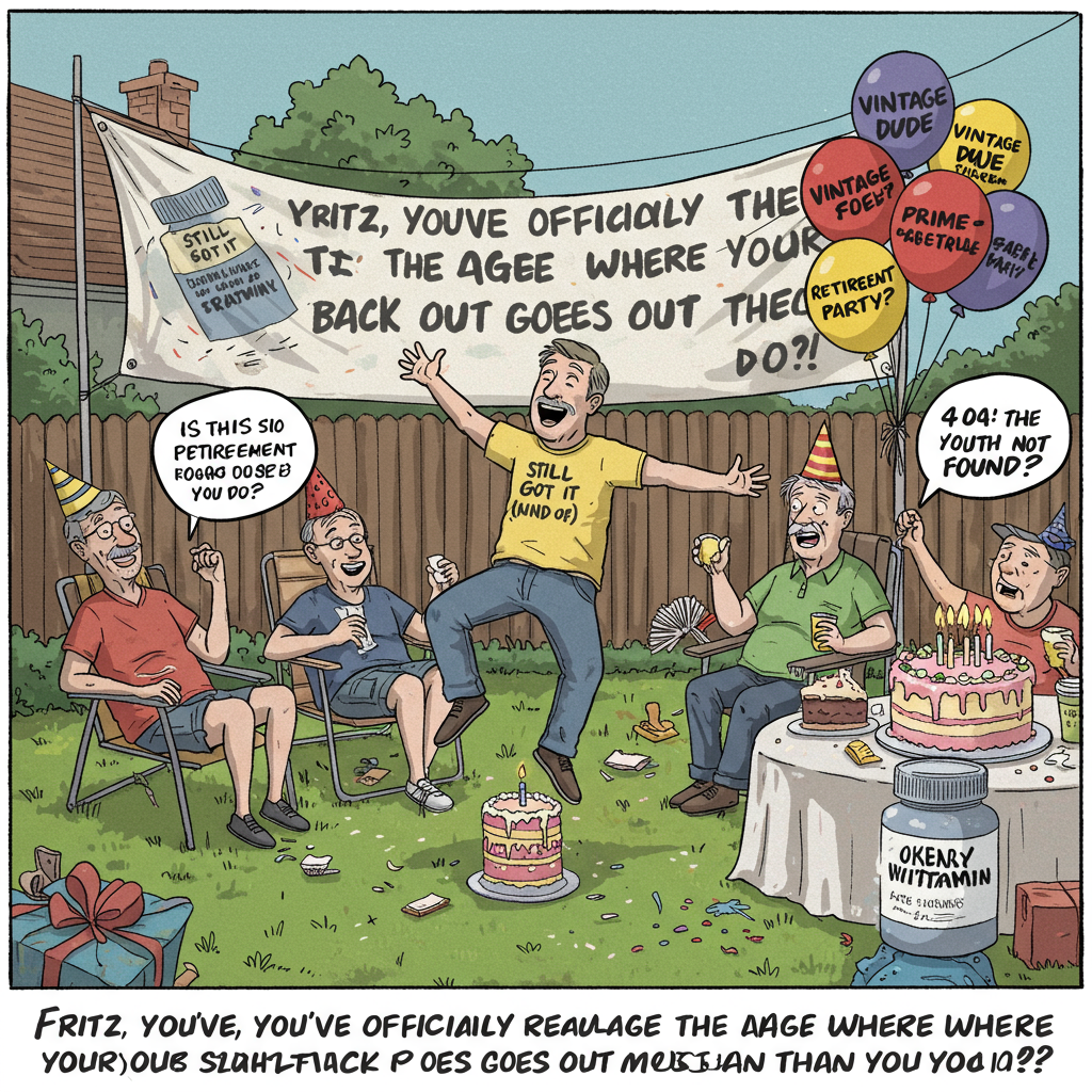 **Prompt:**

At the top of the illustration image, write: “Fritz, You’ve Officially Reached the Age Where Your Back Goes Out More Than You Do!”

A whimsical cartoon-style scene of a chaotic birthday party set in Fritz’s backyard. Fritz—a cheerful, slightly balding 40-something-year-old white man in a “Still Got It (Kind Of)” t-shirt—is trying to limbo under a party banner that reads “Over the Hill (and Slightly Out of Breath)!” Behind him, a group of friends his age are sitting in lawn chairs wearing party hats, one icing his knee, another using a cake box as a fan. A confused kid in the background asks, “Is this the retirement party?” Balloons float overhead with slogans like “Vintage Dude,” “Prime-ish,” and “404: Youth Not Found.” A birthday cake shaped like a giant multivitamin bottle sits on the table. The overall tone is playfully cheeky and lighthearted.
Generated with these themes: birthday celebration for a 40+ year old white man.
Made with ❤️ by AI.