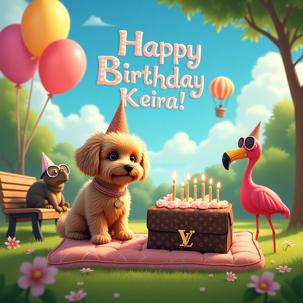 In a whimsical and bustling birthday park setting, a lovable cavapoo with fluffy, caramel-colored fur and a mischievous twinkle in its eyes is the star of the show. This charming pup, perched on a designer-inspired, bone-shaped Louis Vuitton cushion, is hosting an extravagant birthday party just for "Keira." The scene is set in a lush green park, where vibrant balloons in shades of pink and gold are tied to a nearby bench. In the background, a large, elegantly decorated birthday cake shaped like a Louis Vuitton handbag sits on a picnic table, its intricate monogram patterns made out of fondant and edible gold leaf catching the sunlight. 

The cavapoo is dressed in a tiny, chic Louis Vuitton collar, giving it an air of sophistication. Around the dog, party guests including other cartoonish animals like a wise old tortoise wearing a monocle and a fashion-forward flamingo in oversized sunglasses, all of whom are joyously celebrating with tiny party hats atop their heads. Above this merry gathering, the sky is a brilliant azure, with fluffy white clouds subtly spelling out "Happy Birthday Keira!" as if written by a gentle breeze. In the distance, a vintage hot air balloon sails gently across the sky, its basket adorned with the same iconic Louis Vuitton pattern, hinting at more adventures to come. This delightful scene captures both the playful spirit and high fashion essence that make it truly unique.
Generated with these themes: Cavapoo, and Louis vuitton.
Made with ❤️ by AI.