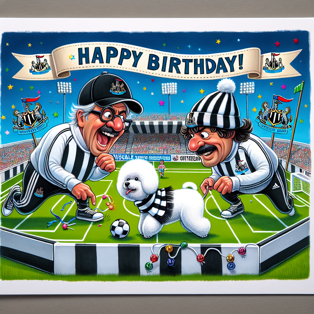 The illustration portrays a merry birthday scenario featuring a theme of Newcastle United football club. Two comedic characters are reimagined as football coaches, playfully planning over a miniature football field with a traditional black-and-white pattern. During their entertaining actions, a fluffy Bichon Frise, adorned in a Newcastle United scarf, playfully disrupts the game by running away with a football, contributing to a lively and playful atmosphere to the birthday motif. It integrates elements of comedy, celebration, and sports in a harmonious and engaging manner.
Generated with these themes: Newcastle united, Laurel and hardy , and Bichon frise.
Made with ❤️ by AI.