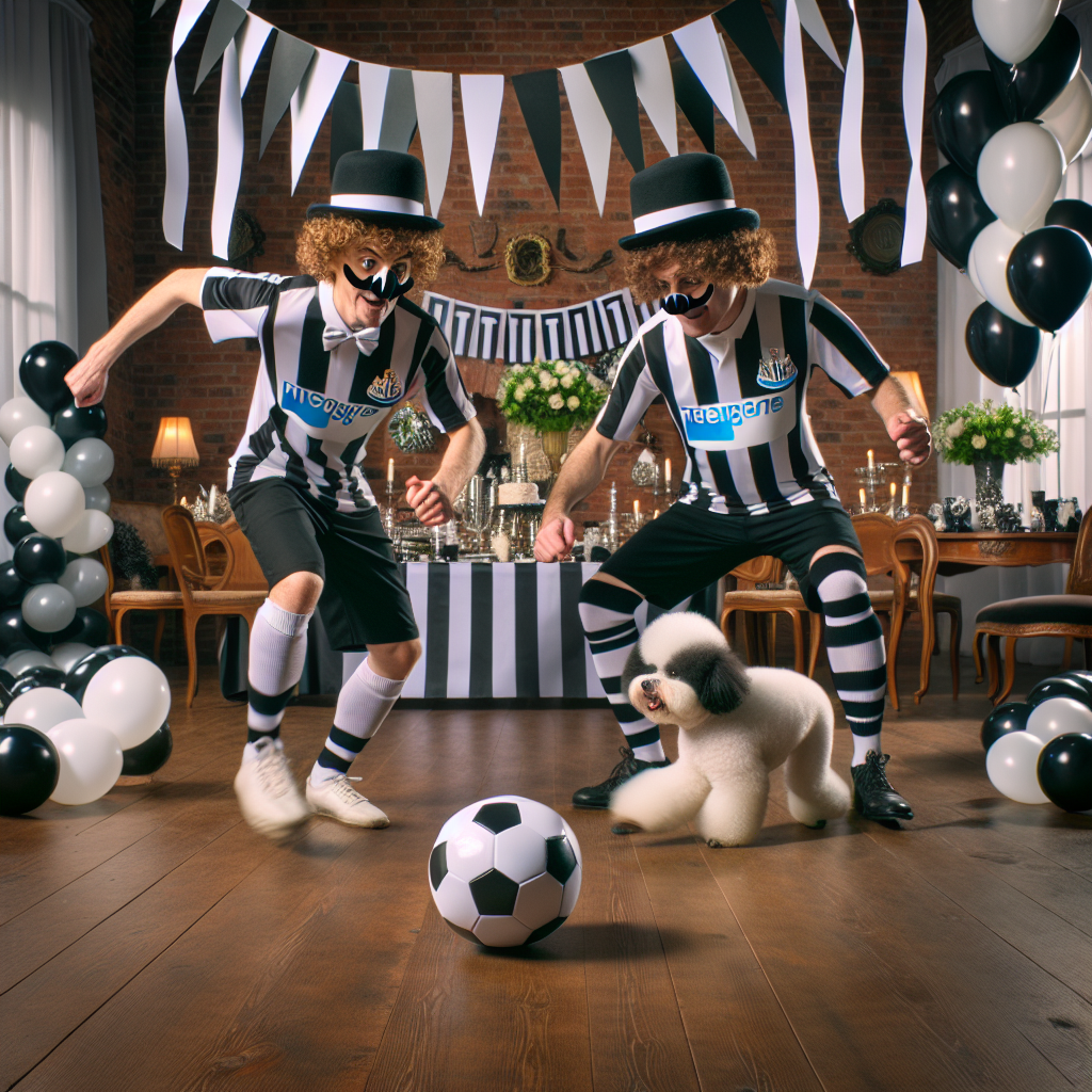 Create a humorous birthday party scene with a theme of Newcastle United, a famous soccer team. The setting is vibrant, featuring an abundance of black-and-white streamers and balloons in the background, reminiscent of the team's colors. In the foreground, two individuals, comically dressed as an old-time silent film actors, playfully dribble a black-and-white football, engaged in a fun game. They are wearing Newcastle United strips, signifying the theme of the party. To add to the hilarity, there's a Bichon Frise with a party hat joyfully joining the game, chasing after the football enthusiastically.
Generated with these themes: Newcastle united, Laurel and hardy , and Bichon frise.
Made with ❤️ by AI.
