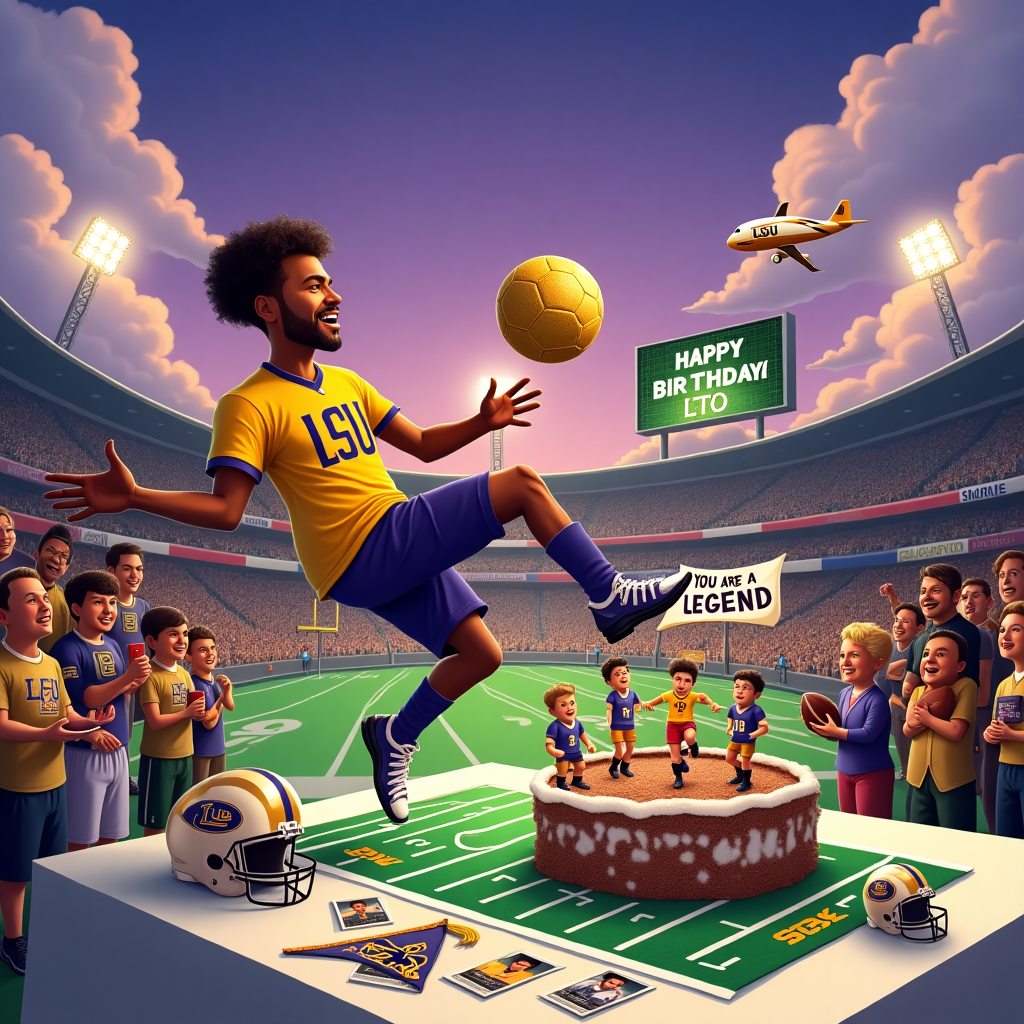 The front cover of the birthday greeting card features a bustling sports-themed birthday celebration that intertwines all of Chris Brown's favorite elements in a playful and engaging scene. In the foreground, Chris, a spirited caricature of himself, is captured mid-air performing a soccer bicycle kick with a gleaming golden soccer ball emblazoned with the LSU tiger logo. His foot is skillfully connecting with the ball in a dramatic, perfectly executed pose that almost seems to make time stand still. Surrounding Chris, a crowd of animated fans, wearing a mix of LSU Tigers and New Orleans Saints jerseys, cheer him on energetically. 

In the background, a large scoreboard, reminiscent of a football field display, lights up with the message "Happy Birthday, Chris Brown!" in bold, glowing letters. Above the scoreboard, the sky is a vibrant twilight purple, dotted with fluffy clouds that shape themselves into famous sports icons, like a football and a soccer ball, subtly paying homage to his sports knowledge and love for memorable sports moments. Nestled among these clouds is an airplane pulling a banner that reads, "Chris Brown, You Are a Legend!"

To the right, a grand cake designed to mimic a mini football field sits on a table. It is complete with tiny edible figures of Chris doing iconic sports poses, surrounded by LSU and Saints team colors. Around the cake, various sports memorabilia is artistically strewn across the table, including a helmet signed by the Saints, an LSU pennant, and an assortment of trading cards depicting Chris in different sports outfits, as if he’s a star player in all his favorite games. 

All these elements come together to celebrate Chris's passion for sports and make for a lively and uniquely personal birthday card cover.
Generated with these themes: Chris loves to play soccer, he is a big LSU and Saints fan. Chris knows every sports fact and is really good at imitating sports moments.
Made with ❤️ by AI.
