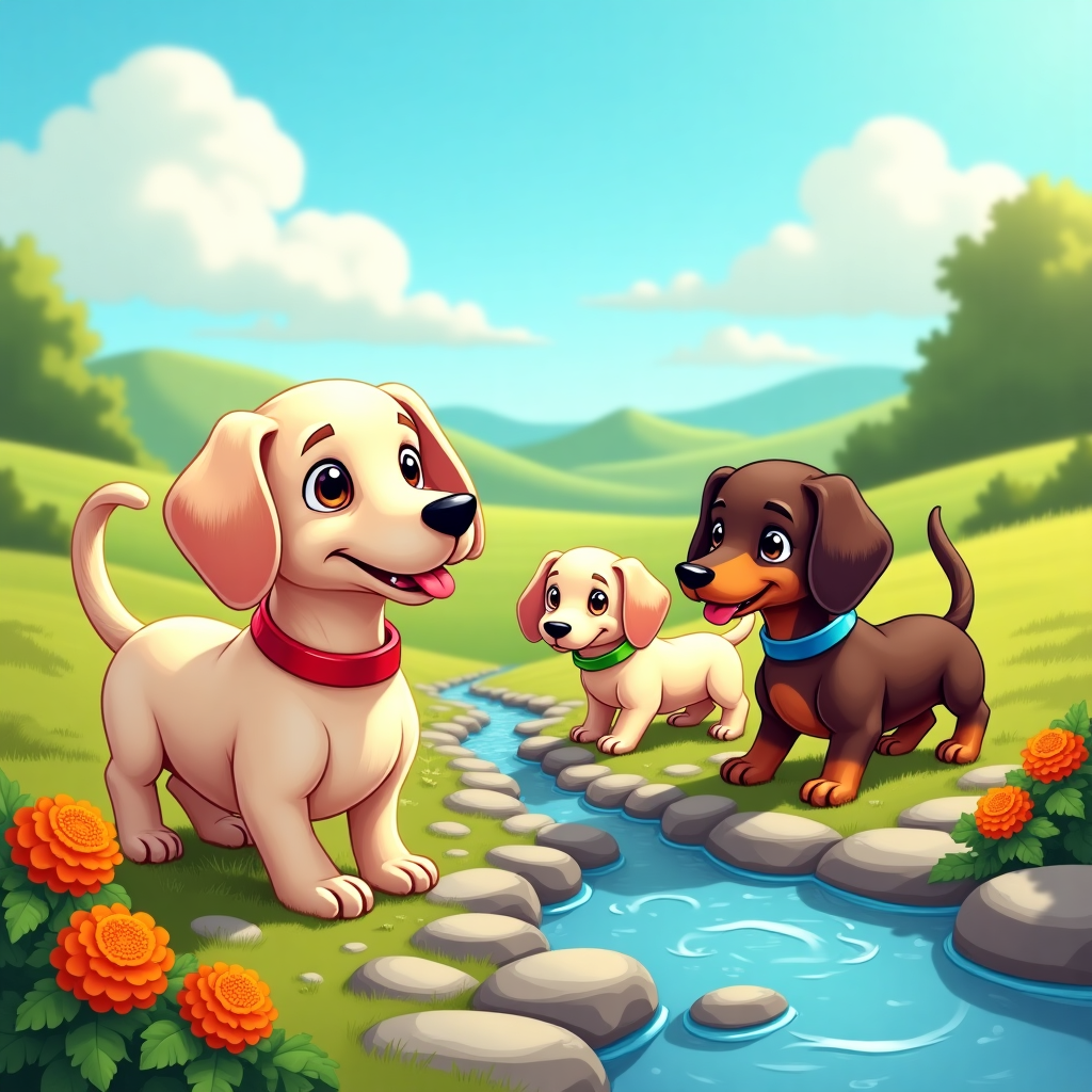 **Front Cover Description:**

**Setting: Idyllic Backyard with a Creek**

- **Background:**
  - The scene is set in a picturesque backyard on a clear sunny day. The sky is a vivid cerulean blue with a few fluffy, cotton-like white clouds.
  - In the far background, gentle rolling hills can be seen, rendered in soft greens, with a touch of yellow to suggest sunlight dancing over the grass.
  - A meandering creek runs through the center of the scene, its water sparkling like liquid diamonds under the sun. It is bordered by smooth, cartoonishly exaggerated stones in various shades of gray and beige.

- **Foreground: Three Dachshunds:**
  - **Old Cream Dachshund:**
    - Positioned near the creek, this dachshund has a long body and comically short legs.
    - Its fur is a buttery cream with playful streaks of white, drawn with curving lines to suggest an air of wisdom and experience.
    - A pair of oversized, droopy ears frame its small, round head, and it wears a bright red collar.
  - **Young Cream Dachshund:**
    - This dachshund is playfully poised with its hind legs in the air and its nose buried in a patch of vibrant marigold flowers.
    - Its cream fur is highlighted with sun-kissed golden tones, emphasizing its youthful energy.
    - Large, shiny eyes, outlined with thick black lines, give it a curious expression. A green collar contrasts with its fur.
  - **Young Chocolatey Brown Dachshund:**
    - Bounding near the old cream dachshund, this one has a glossy chocolate coat, rich and deep like melted cocoa.
    - It sports a mischievous grin, with its tongue lolling out in a cartoonishly exaggerated manner.
    - Its ears are perked up, and it has a playful gleam in its eye, highlighted by a vibrant blue collar.

- **Additional Elements:**
  - Alongside the creek, there are a couple of whimsical, bright yellow butterflies fluttering above the dachshunds' heads.
  - Scattered across the grass are colorful wildflowers in reds, purples, and blues, illustrated with simple, bold lines, reminiscent of classic comic strips.
  - In the distance, a cheerful apple tree is laden with bright red apples, their glossiness exaggerated for a cartoony effect.

- **Text:**
  - The words "Happy Birthday!" are boldly written at the top of the card in large, bubbly, comic-style font.
  - Each letter is a different vibrant color, outlined in black, and slightly tilted to add a dynamic touch.
Generated with these themes: Three dachshunds in an idyllic backyard with a creek. One is old and cream, one is young and cream, and the third is young and chocolatey brown. The front says “Happy Birthday!”.
Made with ❤️ by AI.