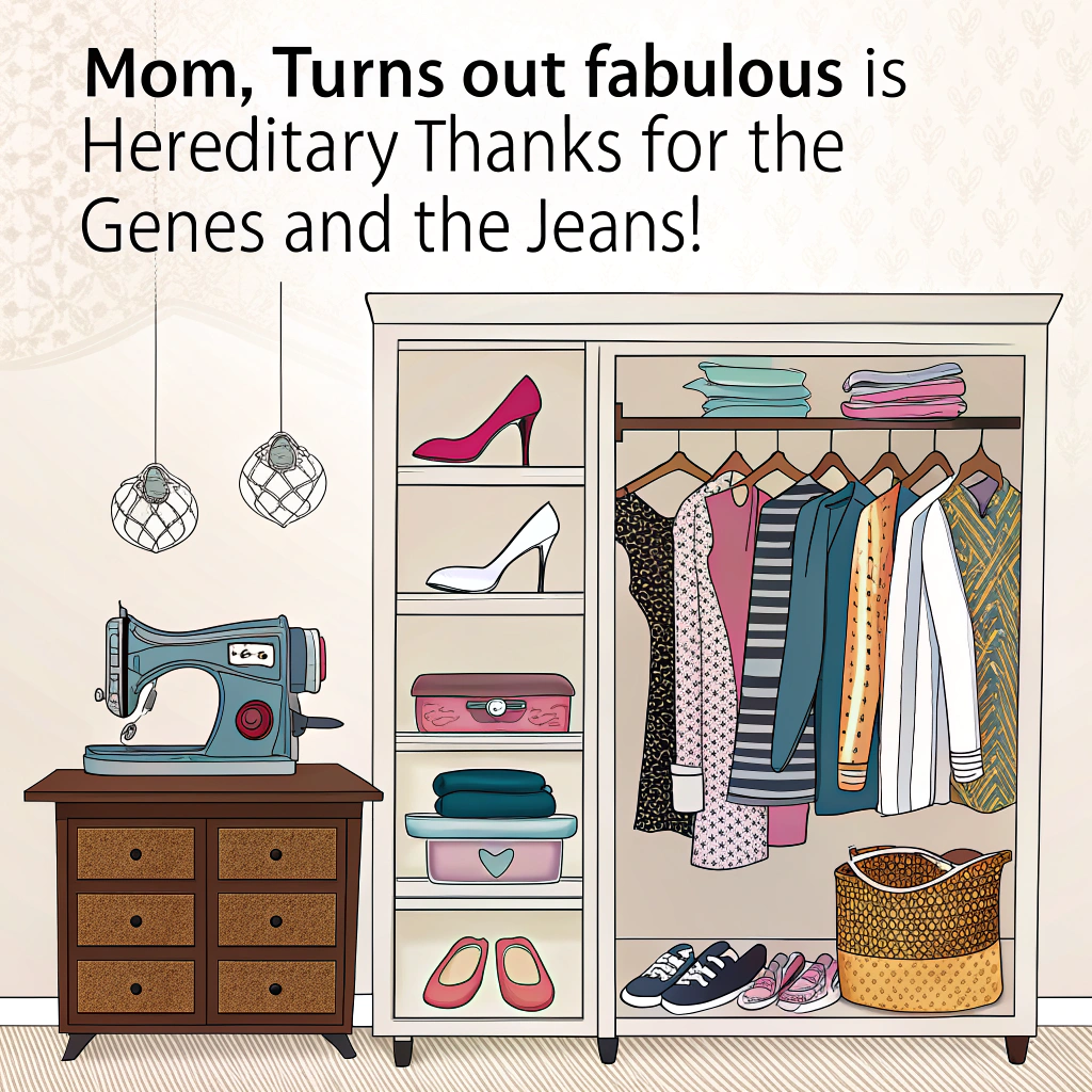 At the top of the image, "Mom, turns out fabulous is hereditary — thanks for the genes and the jeans!"

- The image is a realistic photograph of a chic, modern walk-in closet, stylishly organized. On one side: sleek, fabulous shoes, designer sunglasses, bold prints and colorful clothes; on the other side, next to a vintage sewing machine and folded classic 'Mom Jeans', a pair of glam heels peek out cheekily from underneath.  

- Overlaying the closet walls and subtly trailing across the image: vibrant, whimsical strands of DNA spiraling like neon tinsel, appearing to float in midair. Each strand sparkles gently and winds through empty space without blocking any main visual details.

- At the bottom of the image, add the greeting: "Thanks for sharing your DNA! Now we are both fabulous!" in bold, stylish script with a pop of sass.
Generated with these themes: greeting card saying "Thanks for sharing your DNA! Now we are both fabulous!" Draw different strands of DNA evenly throughout the blank space..
Made with ❤️ by AI.