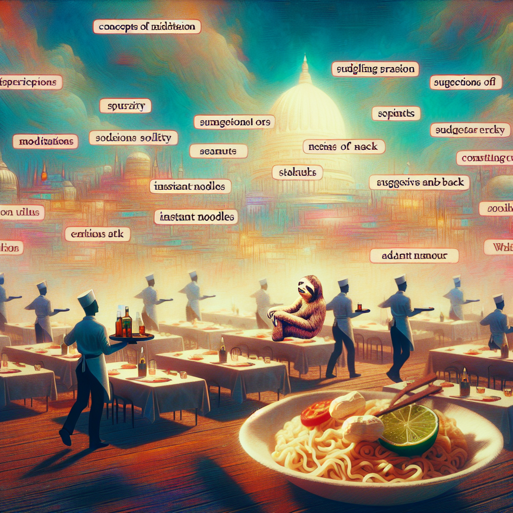 Visualize a surreal, abstract birthday celebration, where concepts of meditation tie in with suggestions of whisky. The ambience is one of spirituality pulsating all around, interspersed with elements of dark humour. Soft, ethereal music, reminiscent to ambient rock, wafts through the scene, providing a comforting soundtrack for guests as they partake in the spicy, savory delight of instant noodles. Outlines of waiters maneuver through the subdued lighting of the dreamlike setting, their figure set against a vast panorama of a bustling city similar to London, carrying trays featuring peanuts and sloths resting in stillness. Engulfing this picturesque scene is the potent, compelling scent of a mystery aftershave, akin to the one from The Essence Vault, playing the part of an intriguing backdrop.
Generated with these themes: Whisky, Meditation, Spirituality, Dark Humour, The band cigarettes after sex, Maggi noodles, Magic masala, Waiter, View of London, Peanuts, Sloths, Magic Masala seasoning, and The Essence Vault aftershave.
Made with ❤️ by AI.