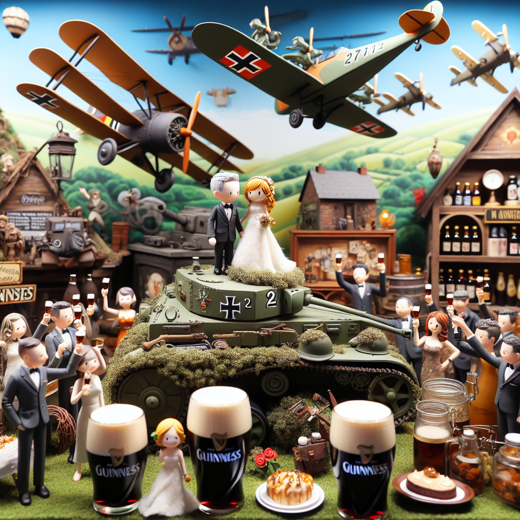 Illustrate a commemoration of a couple's 10th anniversary in a charming and whimsically ornamented ambiance that exudes an atmosphere of cute realism. The centerpiece is a carefully crafted small scale diorama showcasing World War II German tanks and vintage aeroplanes amidst accents of classic rockabilly. The background is filled with the lively tunes of the iconic 1950s music while guests, a mix of different descents and genders, are enjoying the robust, foamy Guinness, raising their glasses in a cheer to the enduring love and shared interests of the couple.
Generated with these themes: Ww2 German tanks, Ww2 aeroplanes, Rockabilly, 1950s music, Guinness, and 10th Anniversary.
Made with ❤️ by AI.