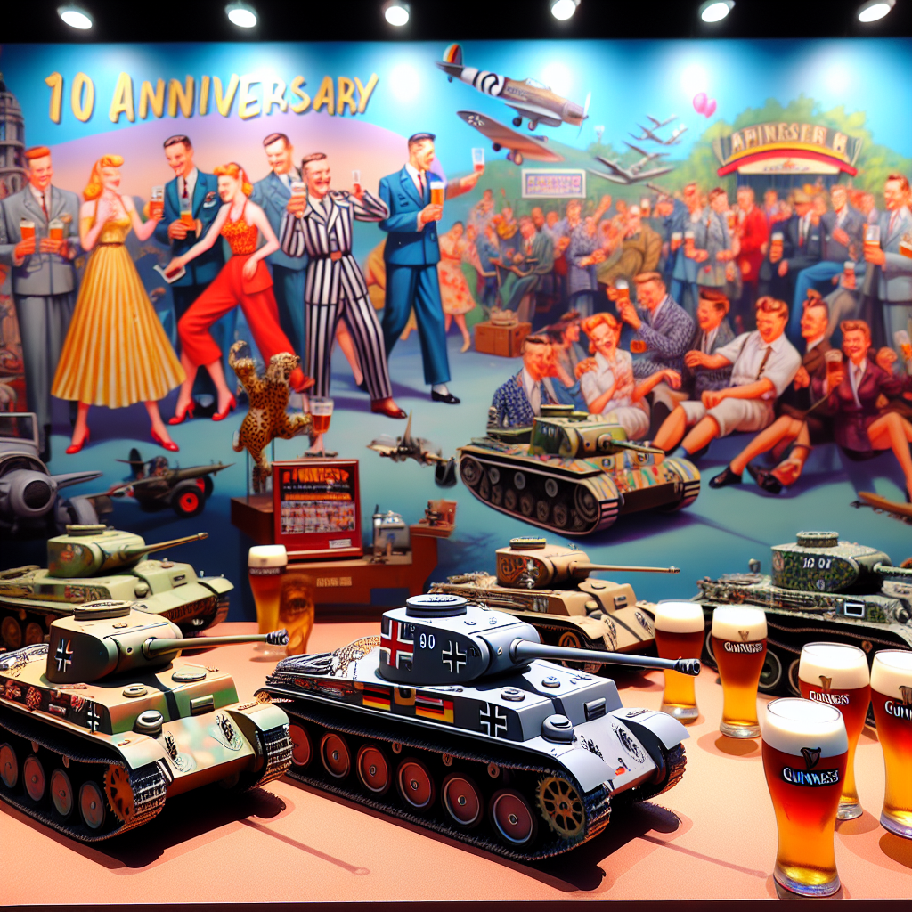 Illustrate a lively 10th anniversary event. The center of the venue should showcase finely made scale models of WWII German tanks and aeroplanes, the intricate details of these models attracting the guests' attention. Set this display amidst a vibrant rockabilly-themed decor, with color, patterns, and accessories in line with the 1950s aesthetics. Include background imagery evocative of the 1950s' music scene, suggesting a lively ambiance and encouraging people to dance along. Throughout the scene, depict guests celebrating the evening, holding up glasses of creamy Guinness beer as a salute to a decade of friendship.
Generated with these themes: Ww2 German tanks, Ww2 aeroplanes, Rockabilly, 1950s music, Guinness, and 10th Anniversary.
Made with ❤️ by AI.