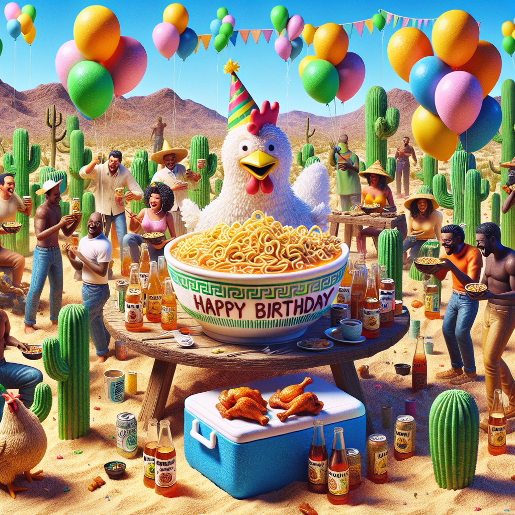 Imagine a vivacious, cartoon-style birthday scene in an arid desert oasis of the Southwestern United States. A variety of colorful balloons are tied to green, prickly cacti and paint the horizon, serving as a picturesque frame to this joyous gathering. Center to the scene is a lighthearted chicken character of Caucasian descent, adorned with a festive party hat, gleefully presenting a platter of steaming chicken wings. Nearby, a cooler brimming with chilled bottles of a generic cola brand is snugly nestled in the golden sand. The diverse group of party guests, which includes both men and women of Hispanic, Black, Middle-Eastern and South Asian descent, are seemingly enjoying slurping ramen from rustic bowls. The centerpiece of the festivities is a whimsically designed cake, expertly shaped like a noodle bowl. The phrase 'Happy Birthday' written fancifully with edible noodle letters completes the scene.
Generated with these themes: Arid, Chicken wings, Coke, and Ramen.
Made with ❤️ by AI.
