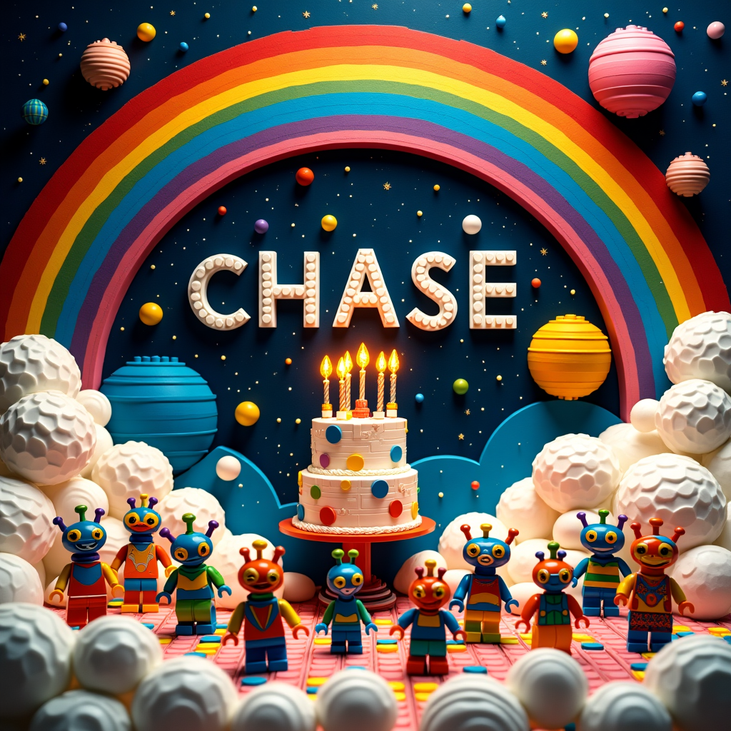 The surreal abstract birthday scene unfolds in a cosmos where the sky is a swirling, Pollock-inspired kaleidoscope of vibrant colors, mimicking the brilliance of a thousand rainbows converging. Floating within this celestial space are geometric planets reminiscent of Mondrian's compositions, constructed entirely from vivid Lego bricks. Each planet is a playful assemblage of primary colors, with some blocks projecting outward into de Kooning-esque curvatures, adding depth and dynamic. At the forefront, an array of whimsical, Miro-inspired aliens are celebrating; their forms are abstract, each with exaggerated, amorphous bodies adorned with Lego piece antennas and eyes of luminous, rotating orbs. These aliens dance beneath a grand, curving rainbow arch, its bands so wide and bright they seem to ripple through the air like Rothko's contemplative layers of color. In the center of this otherworldly festivity, a hovering Lego spaceship doubles as a giant birthday cake, with an assortment of miniature Lego candles flickering with holographic flames. Across the star-studded sky, the name "Chase" is artfully written in the clouds, each letter crafted from shimmering, silver Lego pieces, and illuminated by the radiant hues of the rainbow. The name is a celestial banner in a playful font, echoing the cosmos’ vibrant energy, wishing Chase a truly cosmic birthday celebration.
Generated with these themes: Aliens, Rainbows, and Lego .
Made with ❤️ by AI.
