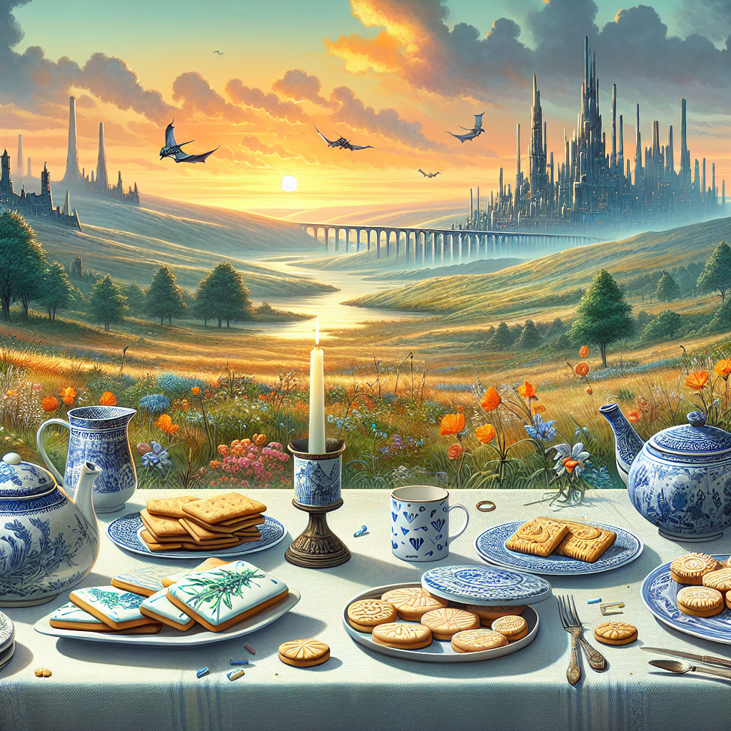 Create a charming image of a birthday celebration against a beautiful sunset. The background setting should be picturesque moors, colored with warm hues from the sunset. In the far-off distance, a whimsical dystopian cityscape contrasts with the serene landscape. The scene is decorated with blue and white pottery, which adds to the charm of birthday commemorations. Lying around the scene, there should be an array of beautifully illustrated biscuits giving a homey touch to the celebratory party.
Generated with these themes: Blue and white pottery, Sunset, Biscuits, Moors, and Dystopia.
Made with ❤️ by AI.