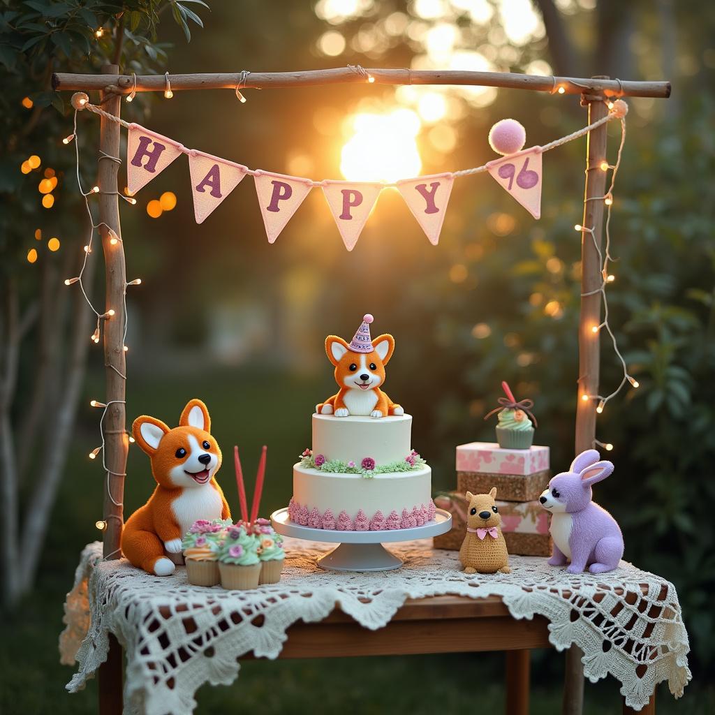 As the sun begins to set, casting a soft golden twilight over a charming outdoor garden party, the scene is enchanting. The gentle glow filters through a canopy of trees, illuminating a quaint garden adorned with a myriad of magical firefly lights that twinkle subtly in the background. At the heart of this idyllic setting stands a rustic wooden table, elegantly draped with a handmade crochet tablecloth that features playful patterns of paw prints and bunny ears.

The centerpiece of the celebration is a delightful two-tier birthday cake, frosted in earthy pastel tones, prominently displaying a fondant figure of a smiling corgi wearing a festive party hat. This delectable creation is lovingly surrounded by delicate edible cupcakes that echo the crochet patterns found on the tablecloth. Adding to the charm, a cluster of playful puppies and bunnies made of marzipan are uniquely posed around the cake; some are thoughtfully holding tiny crochet hooks with bits of yarn, while others wear miniature crochet vests and bow ties, bringing an air of whimsy to the festivities.

Gift boxes are neatly arranged nearby, wrapped in whimsical paper adorned with illustrations of corgis and bunnies at play, tied with intricate crochet ribbon bows that mirror the artistry of the table decor. Above it all, a birthday banner strung between two trees spells out "Happy Birthday Bun" crafted from a patchwork of colorful crochet, further enhancing the celebratory atmosphere. Soft pastel helium balloons bob gently in the breeze, anchored to the corners of the table.

Incorporating the recipient’s name, the word "Bun" is prominently displayed on the birthday banner in beautiful crochet lettering while its elegant cursive form is lovingly crafted in icing on the top tier of the cake. This festive gathering is enriched with personal touches, such as crochet figures of a corgi and a bunny sitting on the grass beside the table, so exquisitely detailed they seem almost alive, capturing the bespoke essence of the scene.

Completing this picturesque ambiance, the fading daylight reveals the silhouette of a single cloud drifting above, whimsically shaped to spell out "Bun," a perfect finishing touch to a magical evening.

Generated with these themes: Puppies, Bunnies, Crochet, and Corgi.
Made with ❤️ by AI.