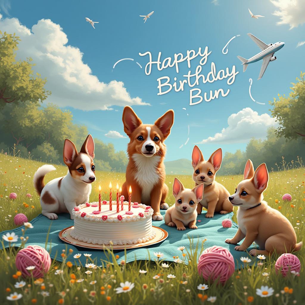 In an idyllic sunny meadow, vibrant wildflowers dance in the gentle breeze under a tranquil blue sky. In the foreground, a joyous gathering unfolds, where playful puppies frolic among the flowers, tugging cheerfully on strands of yarn. Nearby, curious bunnies nest in soft, crocheted burrows and leap playfully around the puppies, adding to the delightful atmosphere. Sitting proudly atop a grassy hill is a charming corgi, donning a whimsical crocheted party hat that signifies the festive occasion.

At the heart of the celebration is a stunning multilayered birthday cake, adorned with smooth buttercream frosting and intricate crochet-style piping designed to mimic the texture of yarn. This delectable centerpiece rests on a picnic blanket embellished with crochet details, with the name "Bun" lovingly scripted in elegant cursive icing along the side. As the celebration unfolds, curled vapor trails from a passing airplane delicately intertwine in the clear sky to form the cheerful message: "Happy Birthday Bun!"

Adding to the festive charm are scattered yarn balls, some of which are playfully attached to various crocheted creations. A beautifully crafted birthday banner, made up of crocheted squares, hangs between two trees, proudly bearing the message "Happy Birthday." The scene is a perfect blend of joy and creativity, embodying the essence of the gathering.

Generated with these themes: Puppies, Bunnies, Crochet, and Corgi.  
Made with ❤️ by AI.