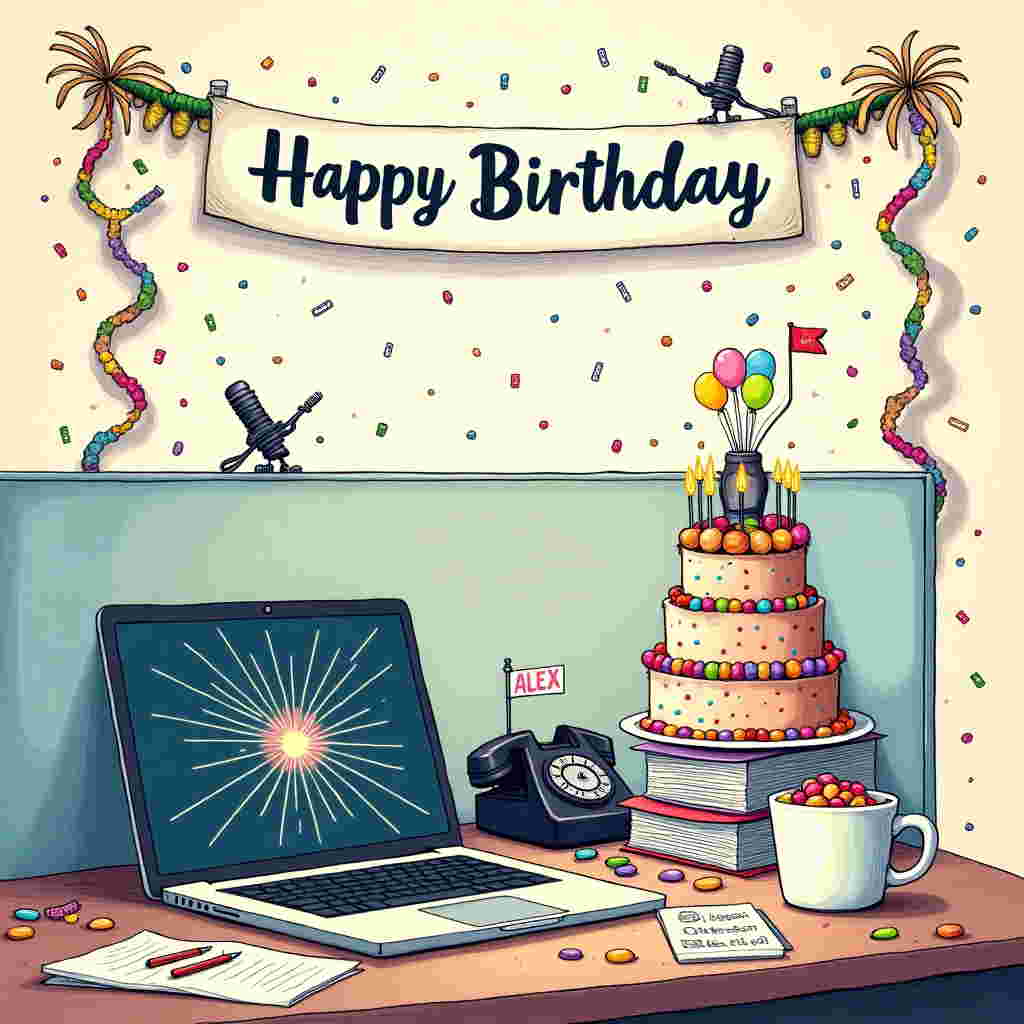 In the foreground of the card, imagine a lively office desk transformed into a whimsical birthday party scene, capturing the essence of a modern workspace with a touch of quirky charm. The desk is cluttered with a mix of office supplies and birthday party items. 

A sleek laptop, its screen displaying a festive digital fireworks display, sits open at the center. Beside it, a classic black rotary telephone is wrapped with colorful party streamers and confetti. A stack of papers, skillfully transformed into a towering tiered birthday cake, is adorned with lit candles and topped with a small, cheeky paperclip sculpture holding a miniature "Happy Birthday" flag.

On the right side, a coffee mug, splashed with bright pastel colors, overflows with an array of vibrant jellybeans instead of coffee. Perched atop the rim, a tiny figure of a paperclip man, a nod to Microsoft's Clippy, waves a miniature balloon bouquet.

Suspended above this office-birthday fusion is a garland of office supplies—tiny paperclip chains, stapler confetti, and Post-it note flags—draped from the edges of the cubicle wall. The banner in the background reads, "Andrzej, Diana, Alex" in playful, handwritten-style font, each name adorned with a tiny doodle like a smiling sun, a doodled heart, and a quirky little cloud.

The background features a gently sketched cubicle backdrop, with muted pastel colors reminiscent of a storybook world. A cheerful pattern of whimsical doodles, including tiny spreadsheets, pens, and birthday hats, dance across the background. The scene is detailed with delicate cross-hatching and intricate linework, echoing the styles of Edward Gorey and Aubrey Beardsley, with a touch of Quentin Blake's lively line style.

The overall palette is a harmonious blend of soft pastel hues—blues, pinks, and yellows—accentuated by the bold, colorful elements of the birthday accessories, creating a dynamic and visually engaging scene.
Generated with these themes: Microsoft office.
Made with ❤️ by AI.