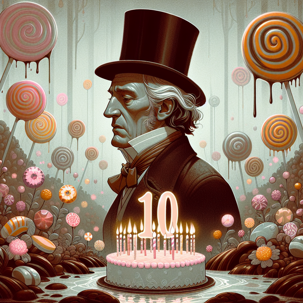 A calm and solemn illustration for a birthday theme shows a tall gentleman with a top hat and eccentric clothing, who is reminiscent of a fantastical candy maker. He stands in a garden made of whimsical candies, encapsulating a thoughtful and subdued mood. Although it is the joyous occasion of a 10th birthday, the man's expression reflects on the wonders and responsibilities of his sweet creations. The tones are cinematically muted, with occasional bright pops of color from candy-like flowers and chocolate-like rivers. This contrast highlights the solemnity of the gentleman amidst the typically cheerful festivity.
Generated with these themes: Willy wonka, and 10th.
Made with ❤️ by AI.