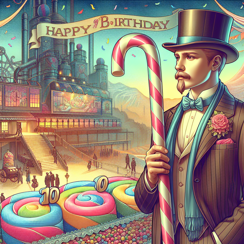 The image should revolve around a birthday-themed Solemn Illustration that portrays a fancy gentleman, reminiscent of a fantastical factory owner, on the eve of a child's 10th birthday. He stands with a gentle seriousness in his eyes, holding a candy-striped cane, standing before an expansive scene that hints at a candy factory. The color scheme leans toward less vibrancy, infusing the image with a stunning nostalgia element. This suggests a moment of introspection for the gentleman as he prepares for birthday festivities, perhaps reminiscing about his own childhood.
Generated with these themes: Willy wonka, and 10th.
Made with ❤️ by AI.