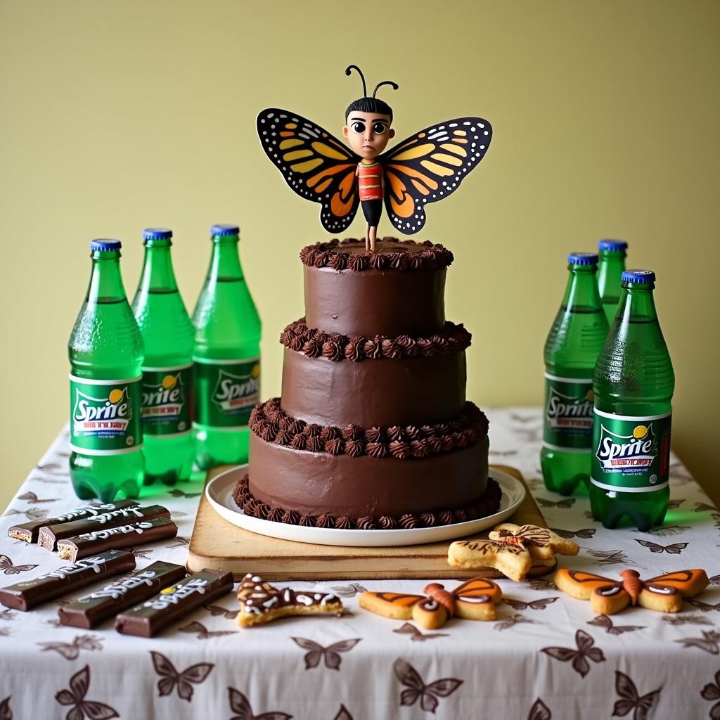 In this birthday setting, a rectangular table is adorned with a tablecloth featuring a subtle butterfly pattern. Front and center is a three-tiered chocolate cake, with each tier edged in piped frosting that mimics the delicate swirls of butterfly wings. Planted on top of the cake is a quirky decoration: a fondant model of Seph morphing into a butterfly, with printed candy wings and a humorous expression. To the side, chilled bottles of Sprite are ready to be served, complete with custom labels that read 'Seph's Birthday Brew'. Scattered across the table are various chocolate bars, unwrapped and broken into pieces, inviting guests to indulge. Completing the scene, cookies in the shapes of butterflies and the letters spelling out 'Seph' await eager partiers.
Generated with these themes: Chocolate cake, Sprite , Chocolate bars, and Cookies.
Made with ❤️ by AI.